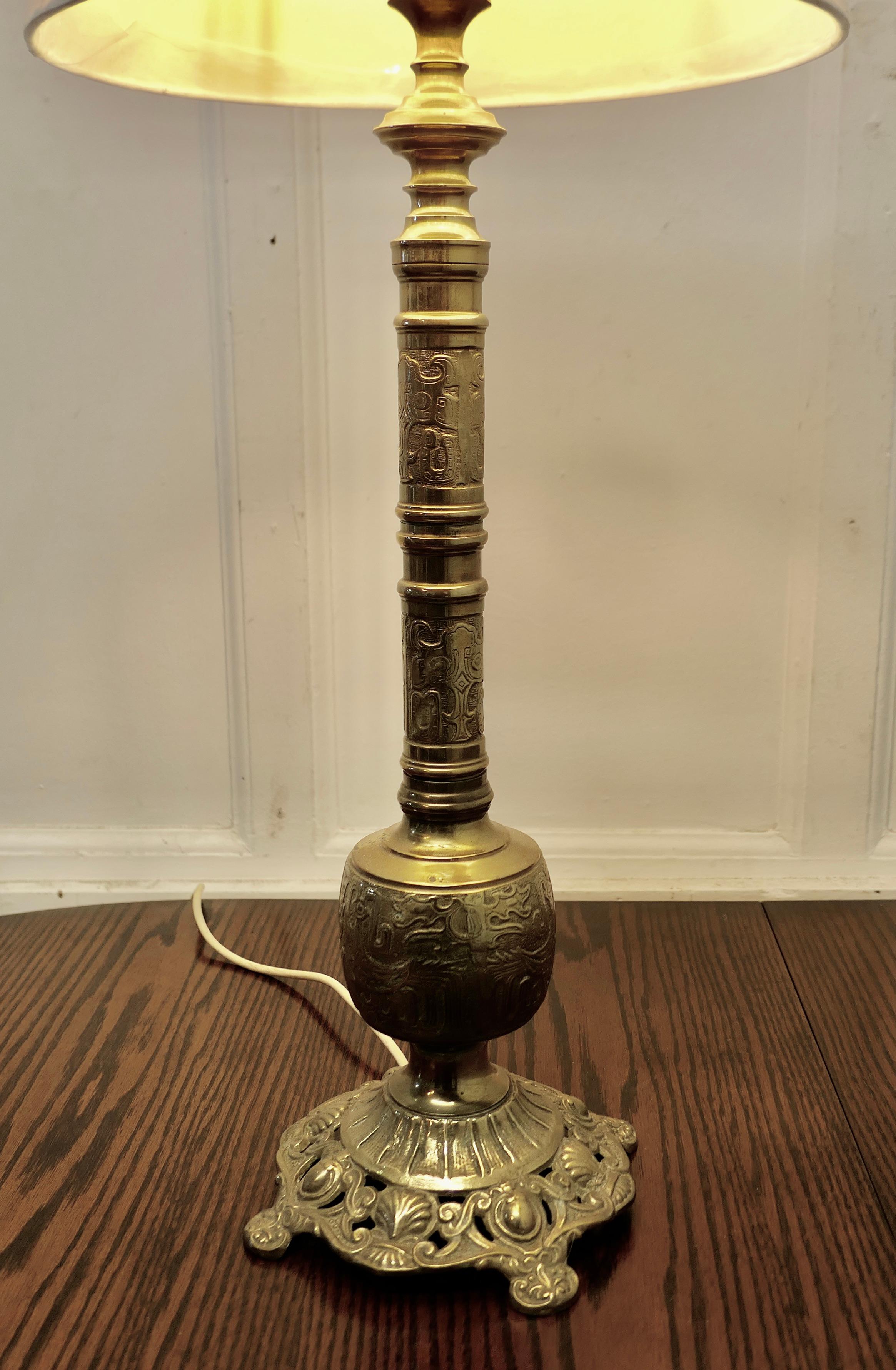 Arts and Crafts Tall Embossed Brass Table Lamp For Sale