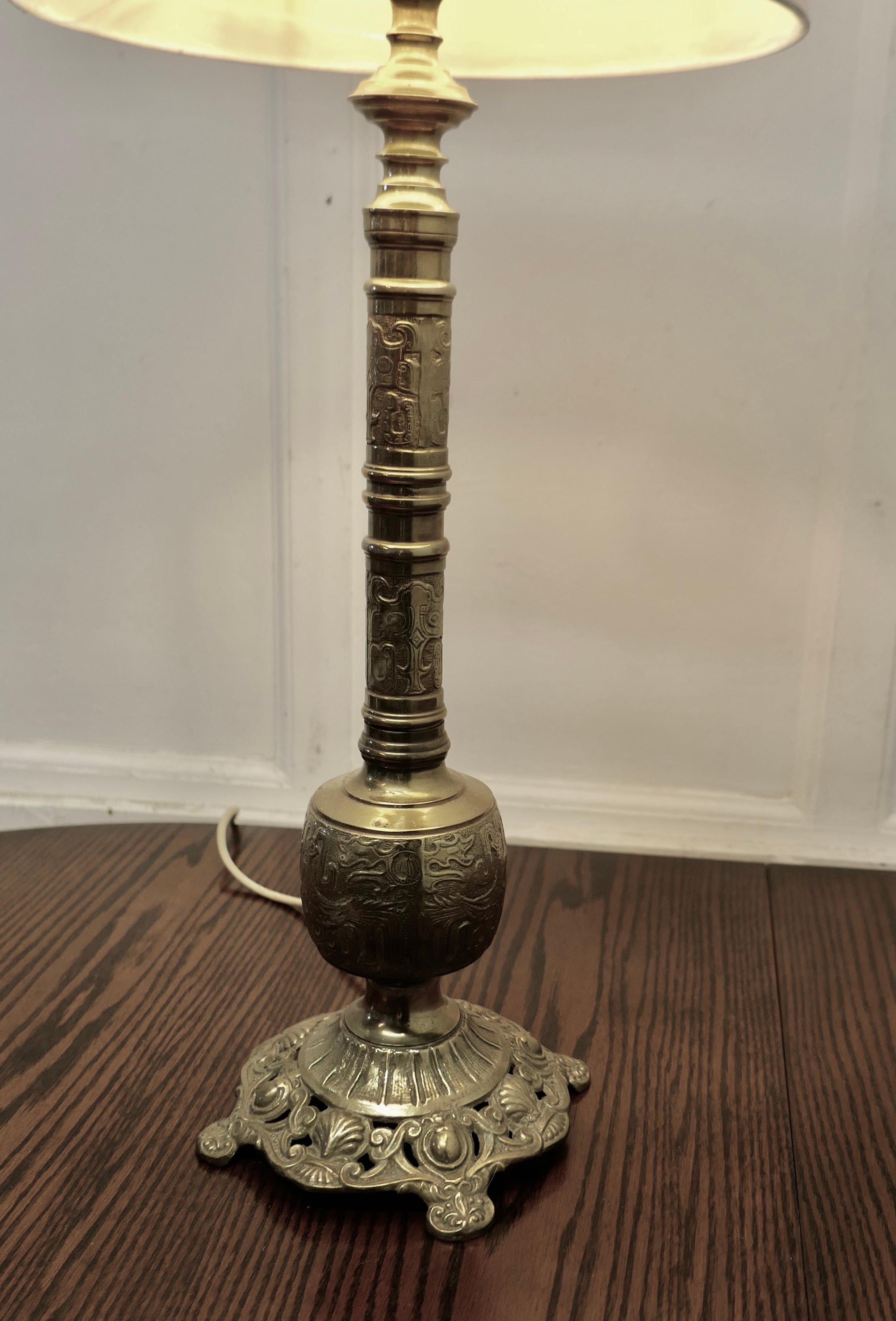 Tall Embossed Brass Table Lamp For Sale 1