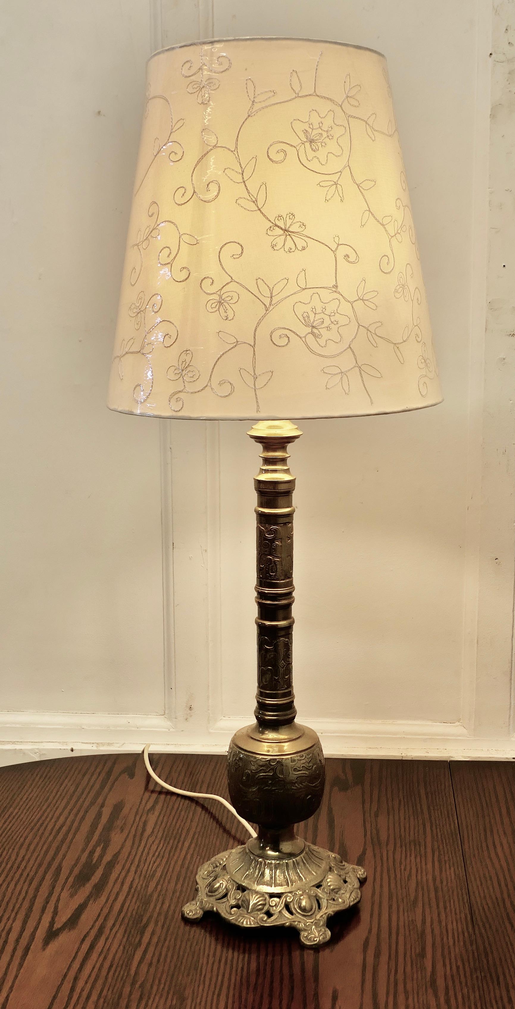 Tall Embossed Brass Table Lamp For Sale 2
