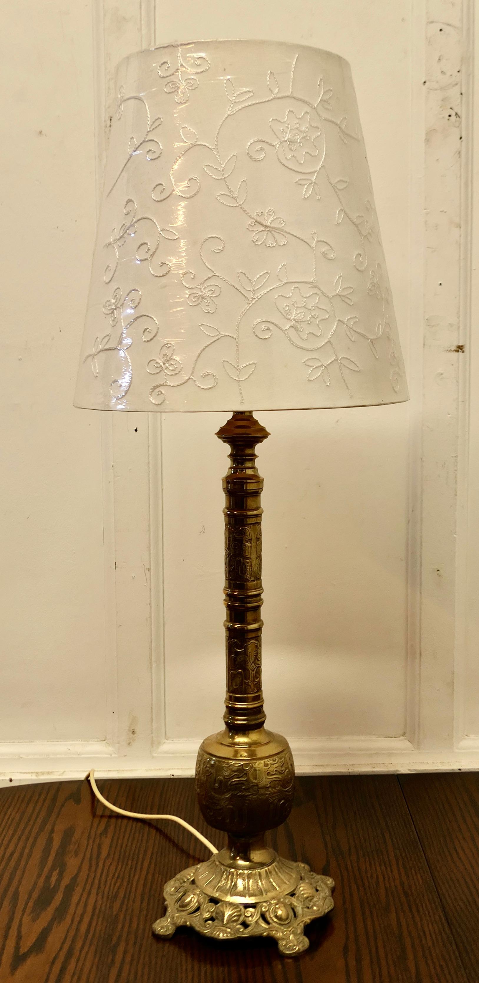 Tall Embossed Brass Table Lamp For Sale 3
