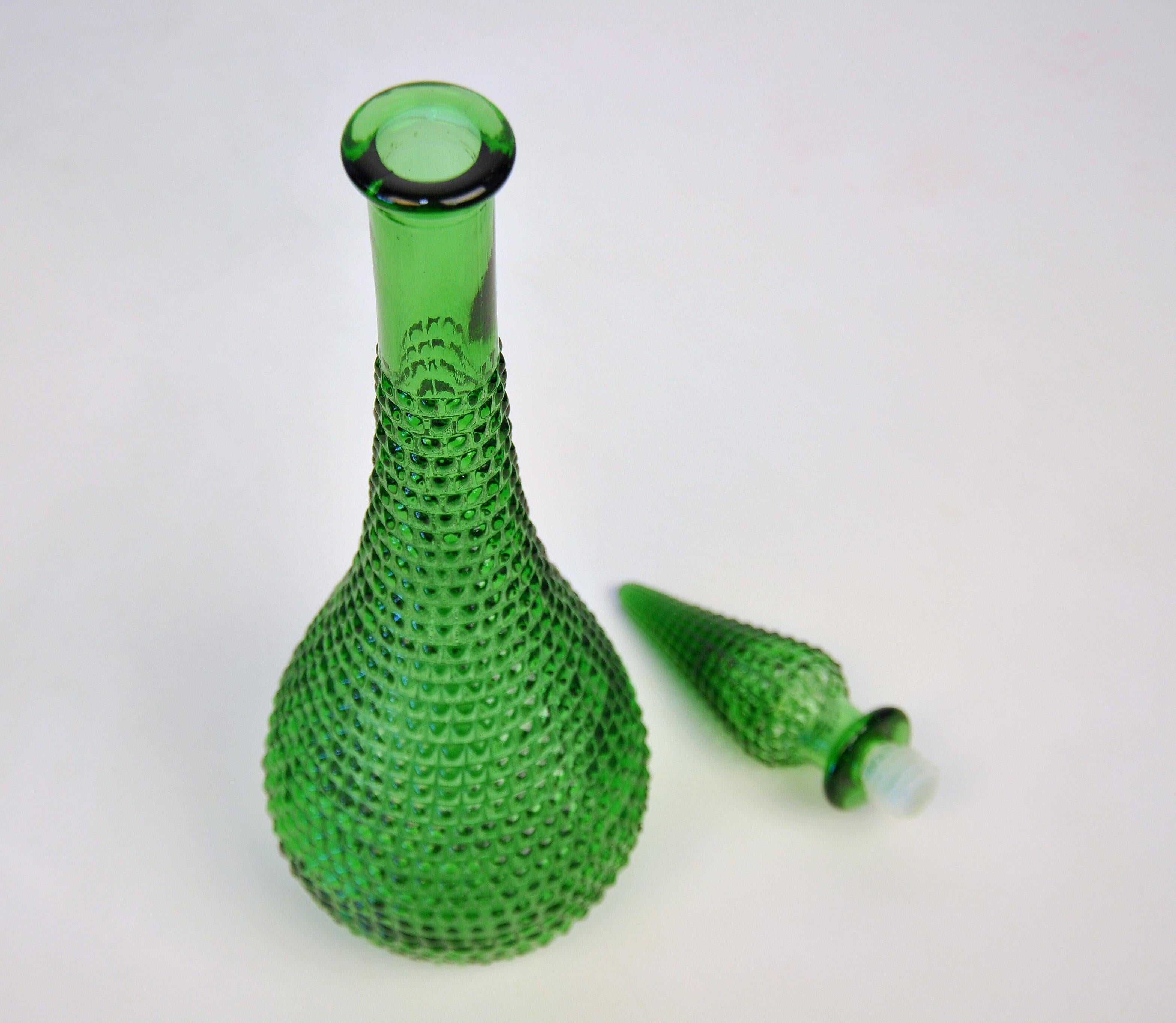 Mid-Century Modern Emerald Green Empoli Glass Tall Decanter