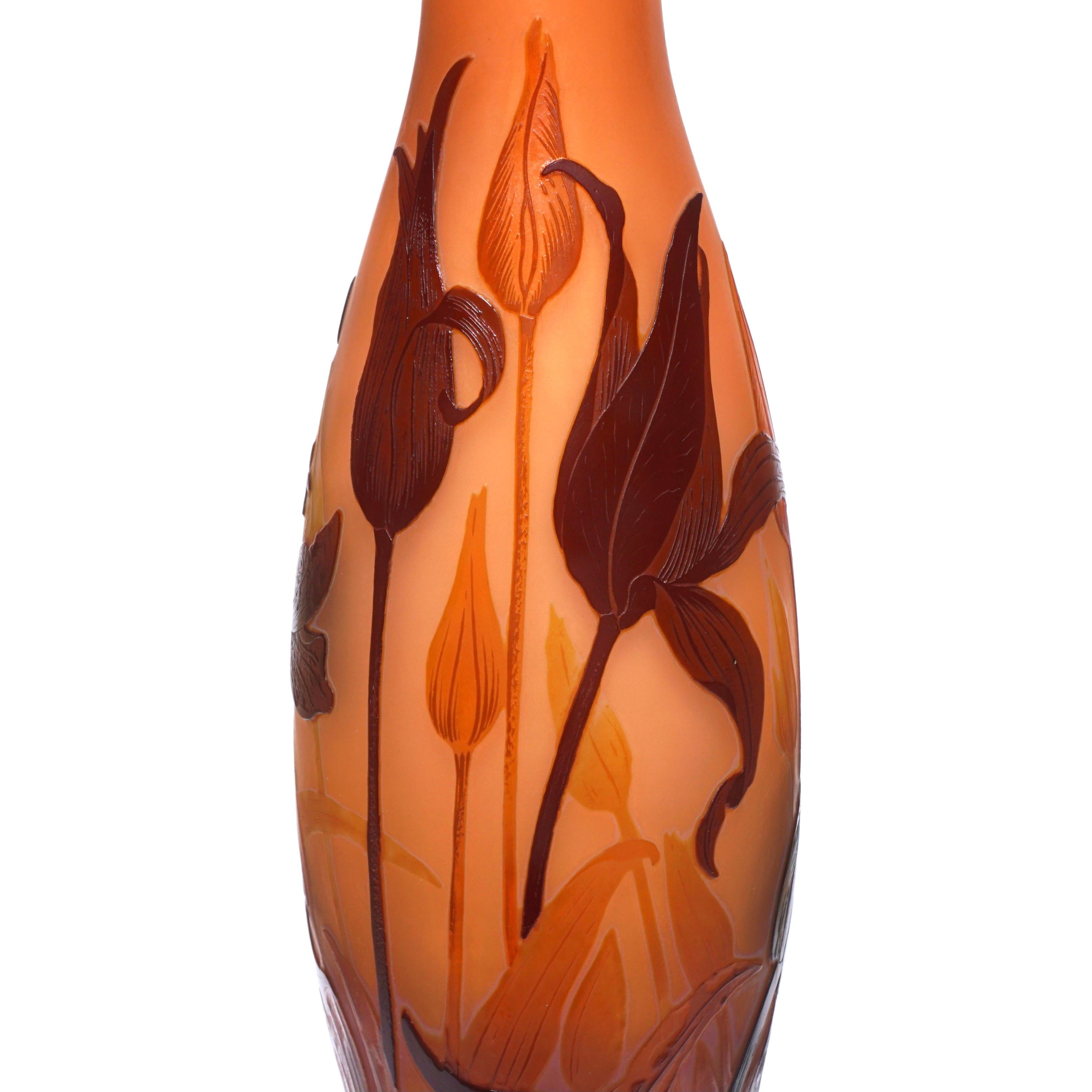 Carved Tall Emile Galle Lily Pedestaled Vase For Sale