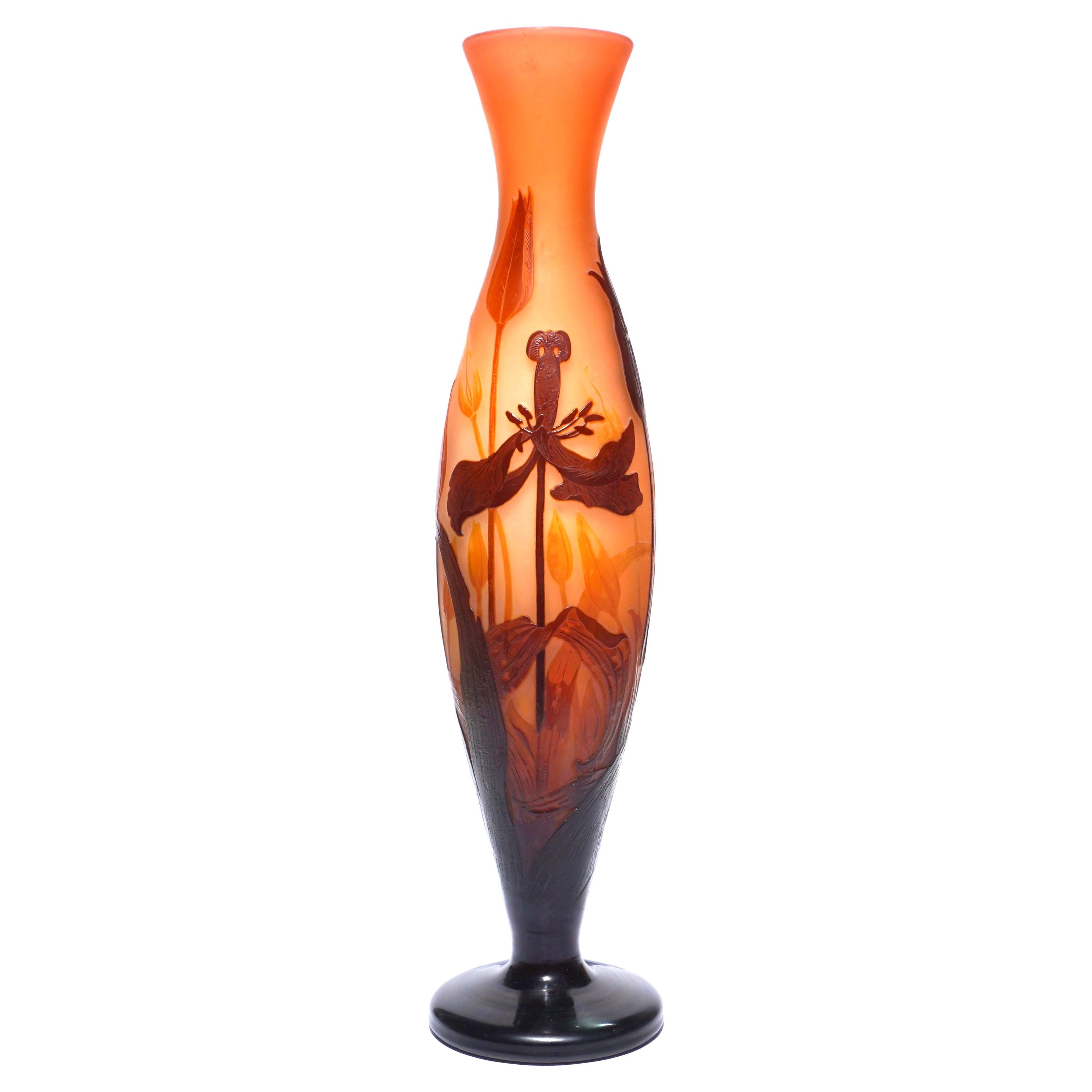 Tall Emile Galle Lily Pedestaled Vase For Sale