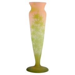 Tall Émile Gallé Vase in Frosted Art Glass Decorated with Green Thistles