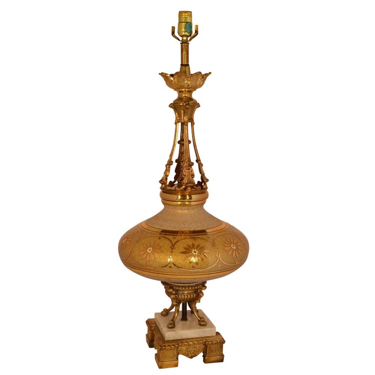 Tall Enameled Bohemian Glass and Bronze Lamp For Sale at 1stDibs
