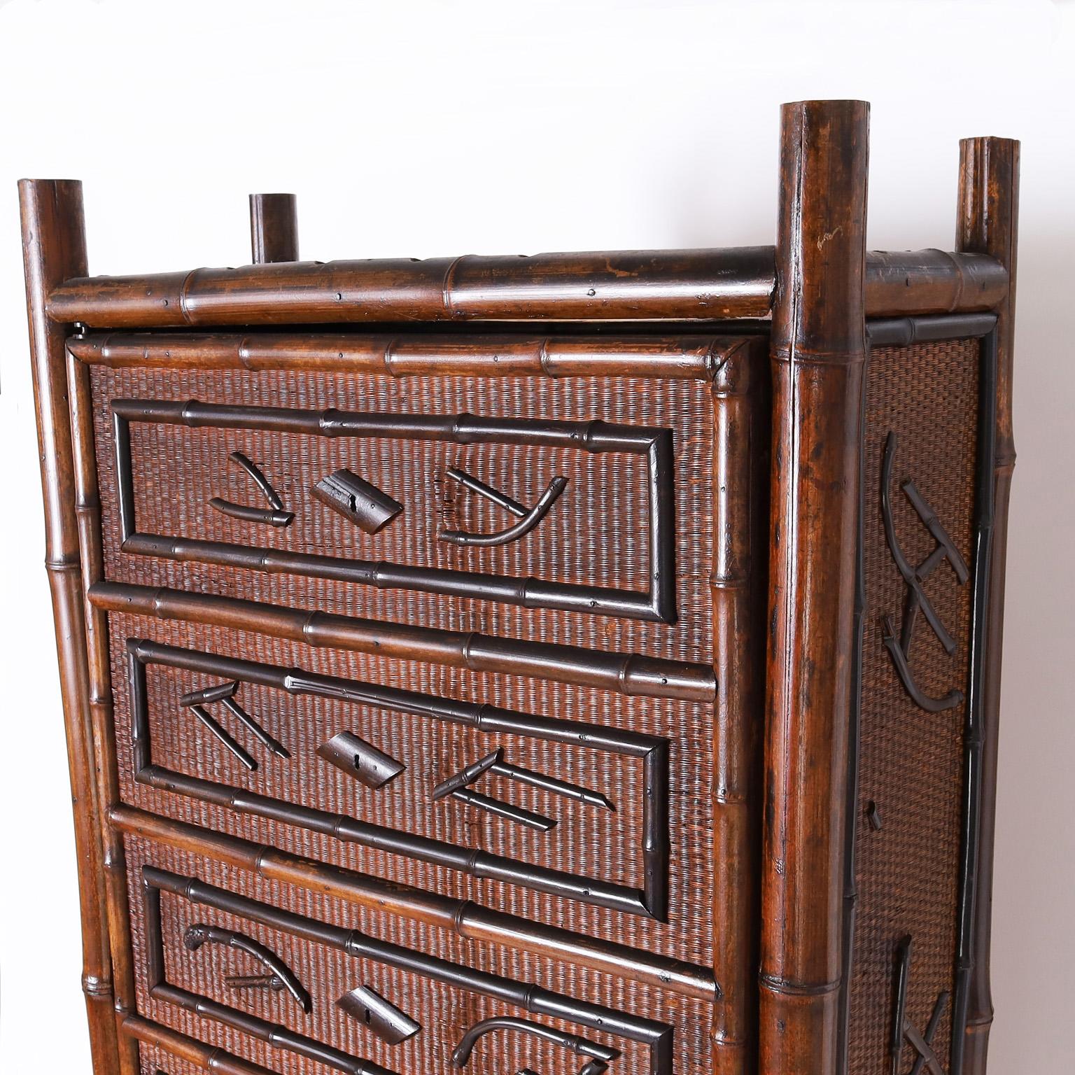 Victorian Tall English Bamboo and Grasscloth Cabinet or Armoire For Sale