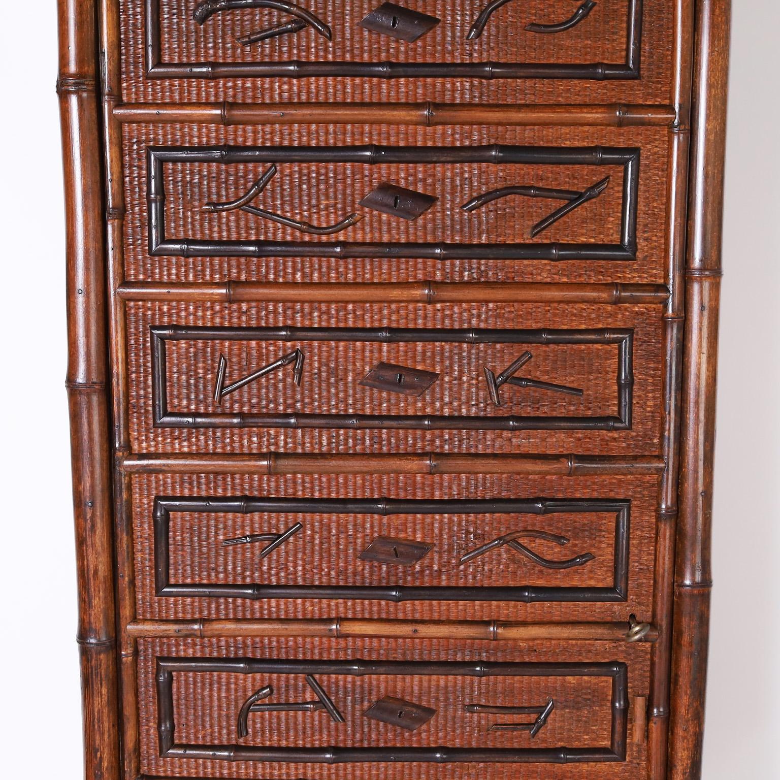 Tall English Bamboo and Grasscloth Cabinet or Armoire In Good Condition For Sale In Palm Beach, FL