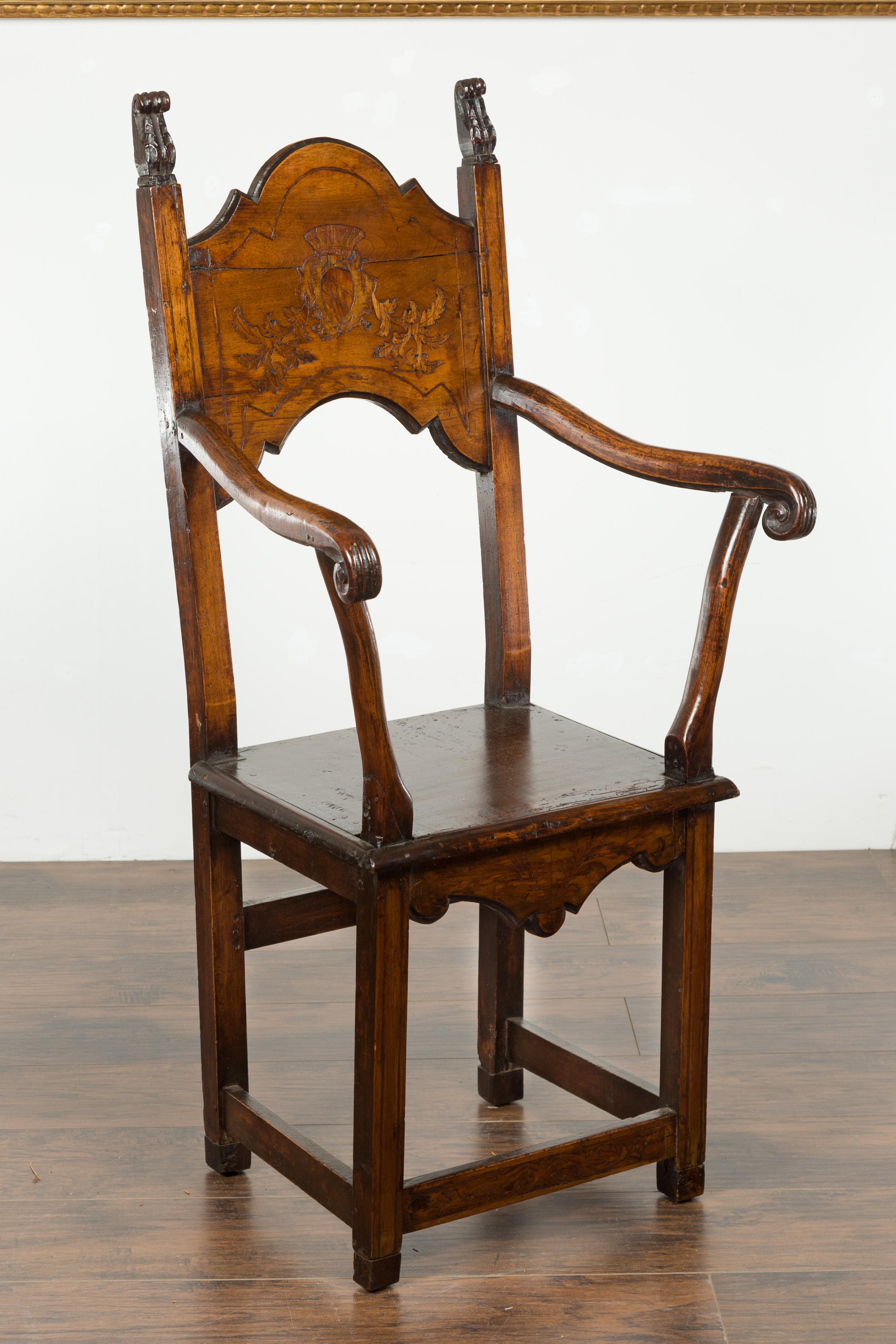 Tall English Georgian Wooden Armchair with Carved Cartouche, circa 1800-1820 In Good Condition In Atlanta, GA