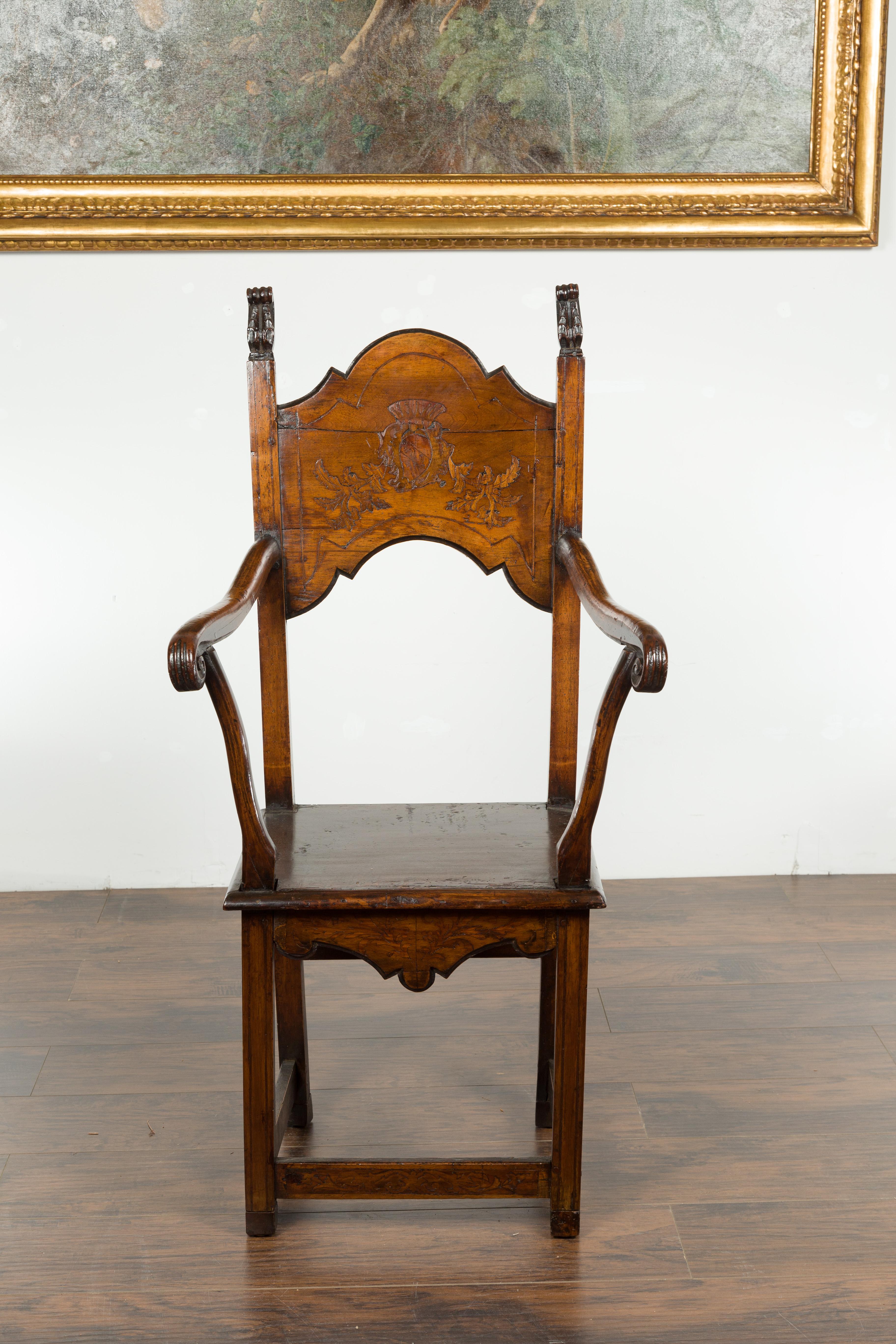 19th Century Tall English Georgian Wooden Armchair with Carved Cartouche, circa 1800-1820
