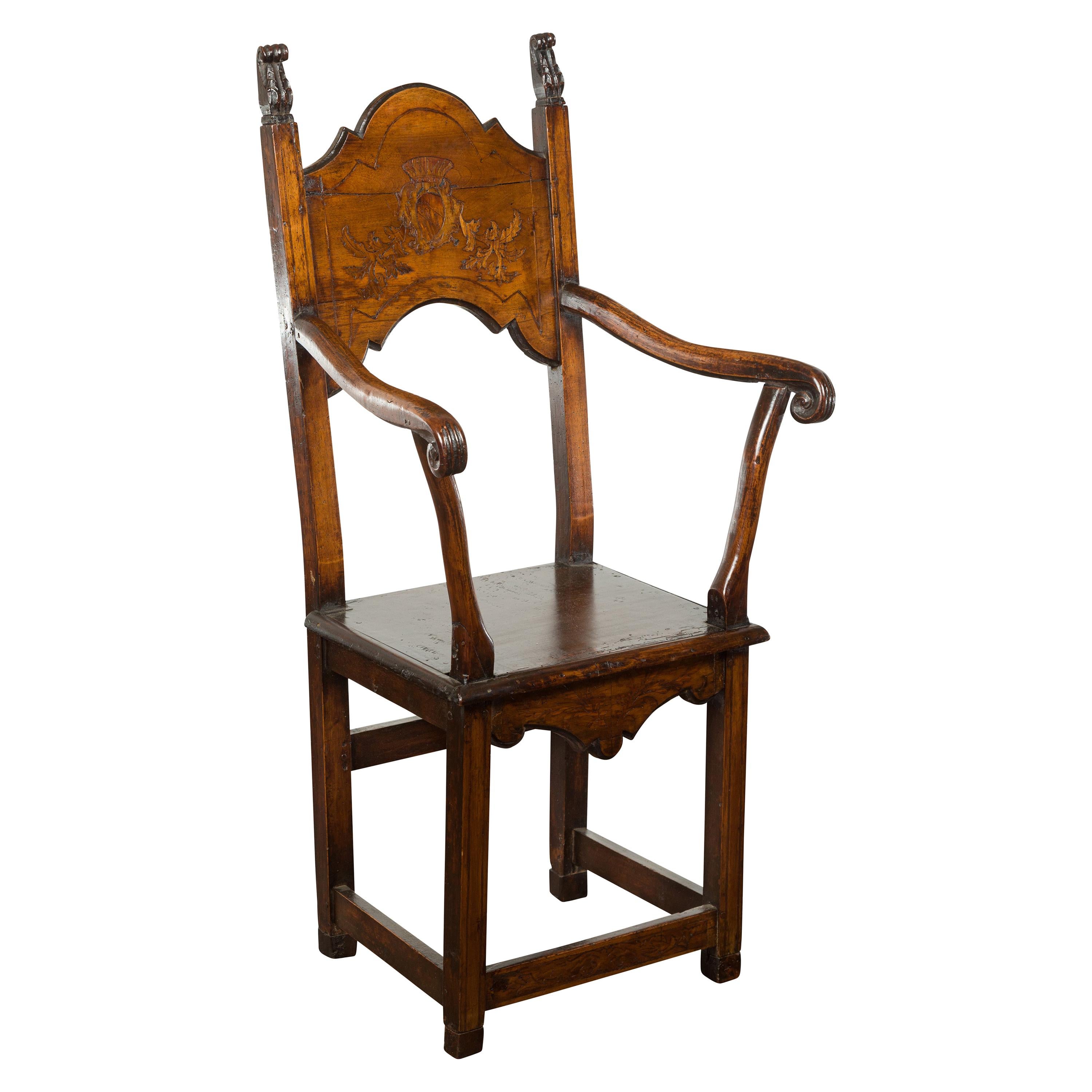 Tall English Georgian Wooden Armchair with Carved Cartouche, circa 1800-1820