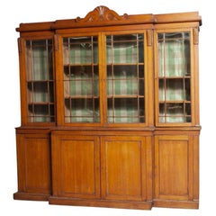 Tall English Oak Breakfront Bookcase With Glass Doors