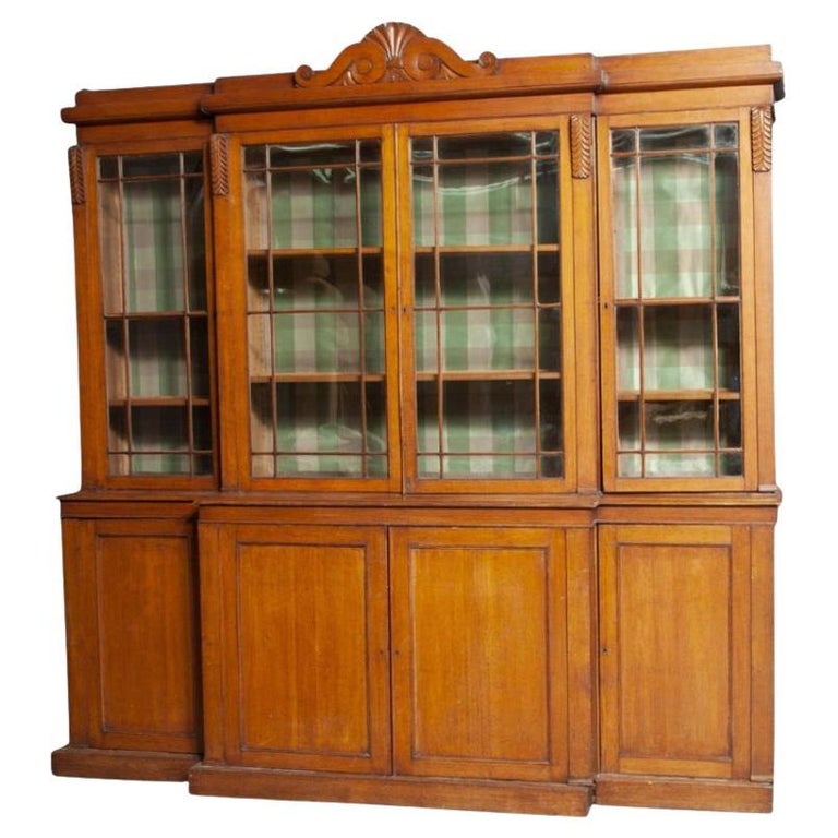 Tall English Oak Breakfront Bookcase With Glass Doors For Sale at 1stDibs