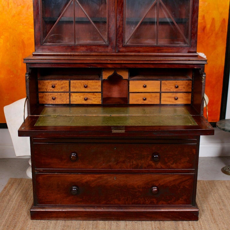 Tall English Secrétaire Bureau Bookcase Astragal Glazed Mahogany