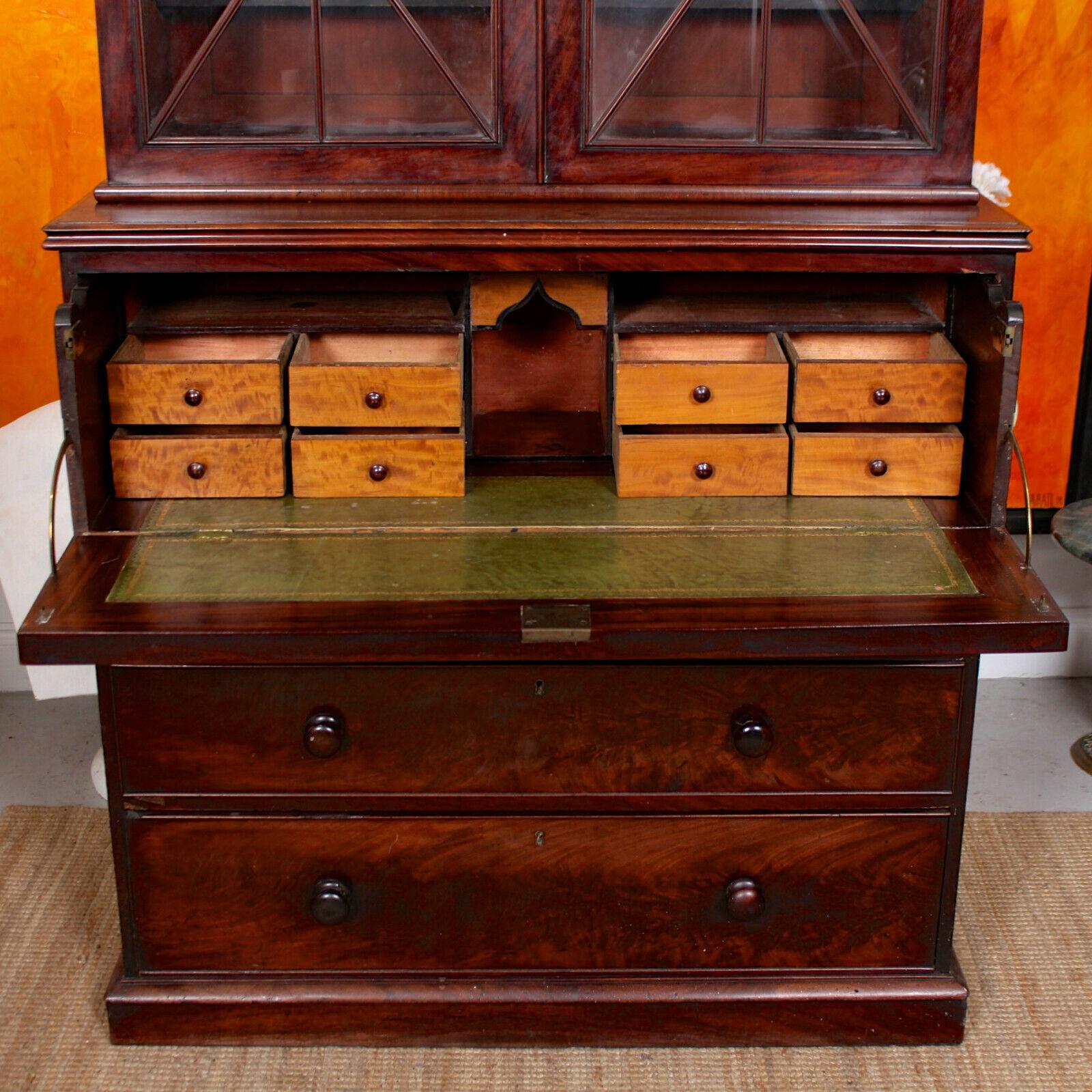 19th Century Tall English Secrétaire Bureau Bookcase Astragal Glazed Mahogany Library Cabinet For Sale