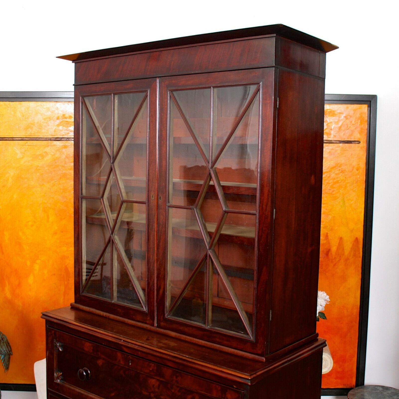 Tall English Secrétaire Bureau Bookcase Astragal Glazed Mahogany Library Cabinet For Sale 2