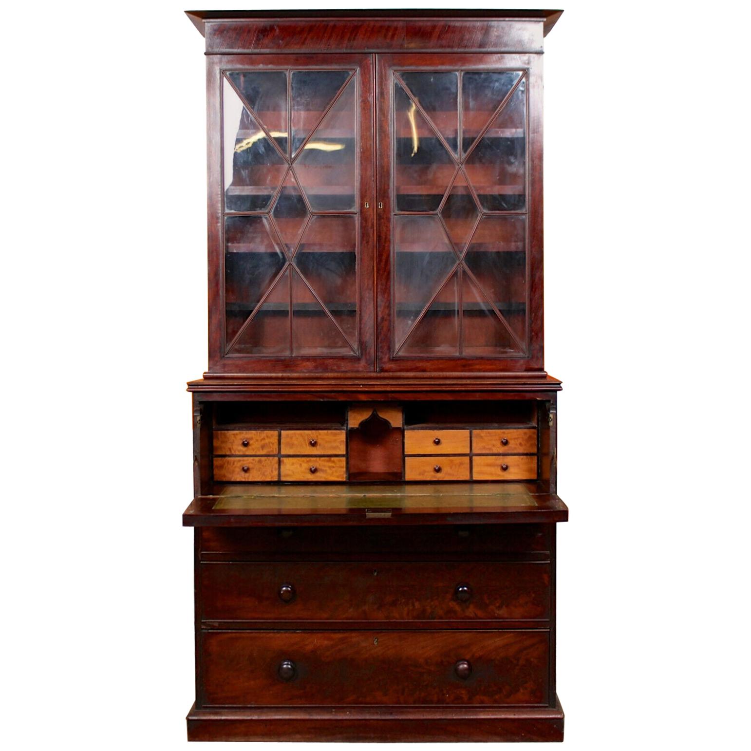 Tall English Secrétaire Bureau Bookcase Astragal Glazed Mahogany Library Cabinet For Sale