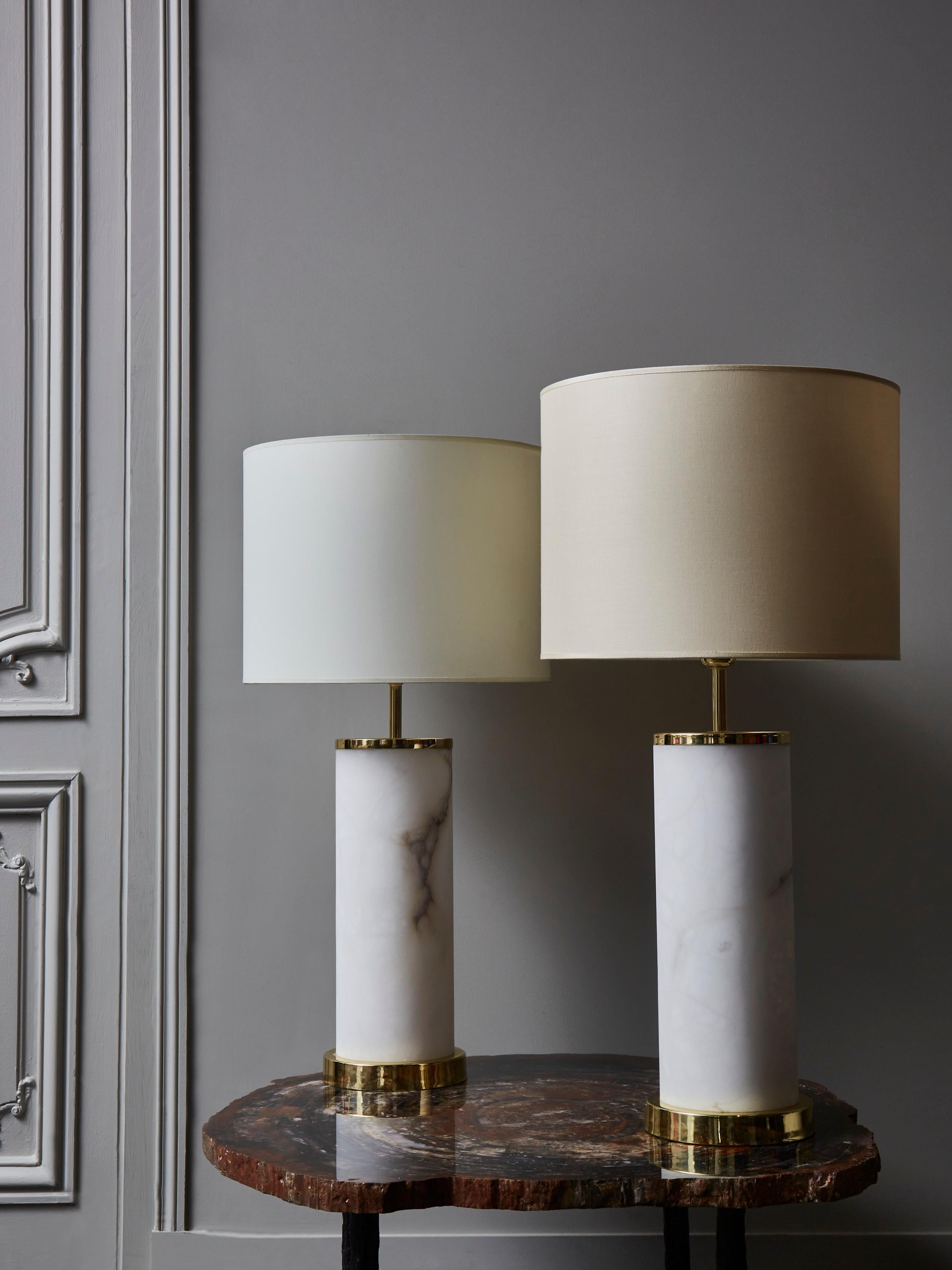 Modern Tall Enlightened Alabaster Cylinder and Brass Table Lamps by Glustin Luminaires For Sale