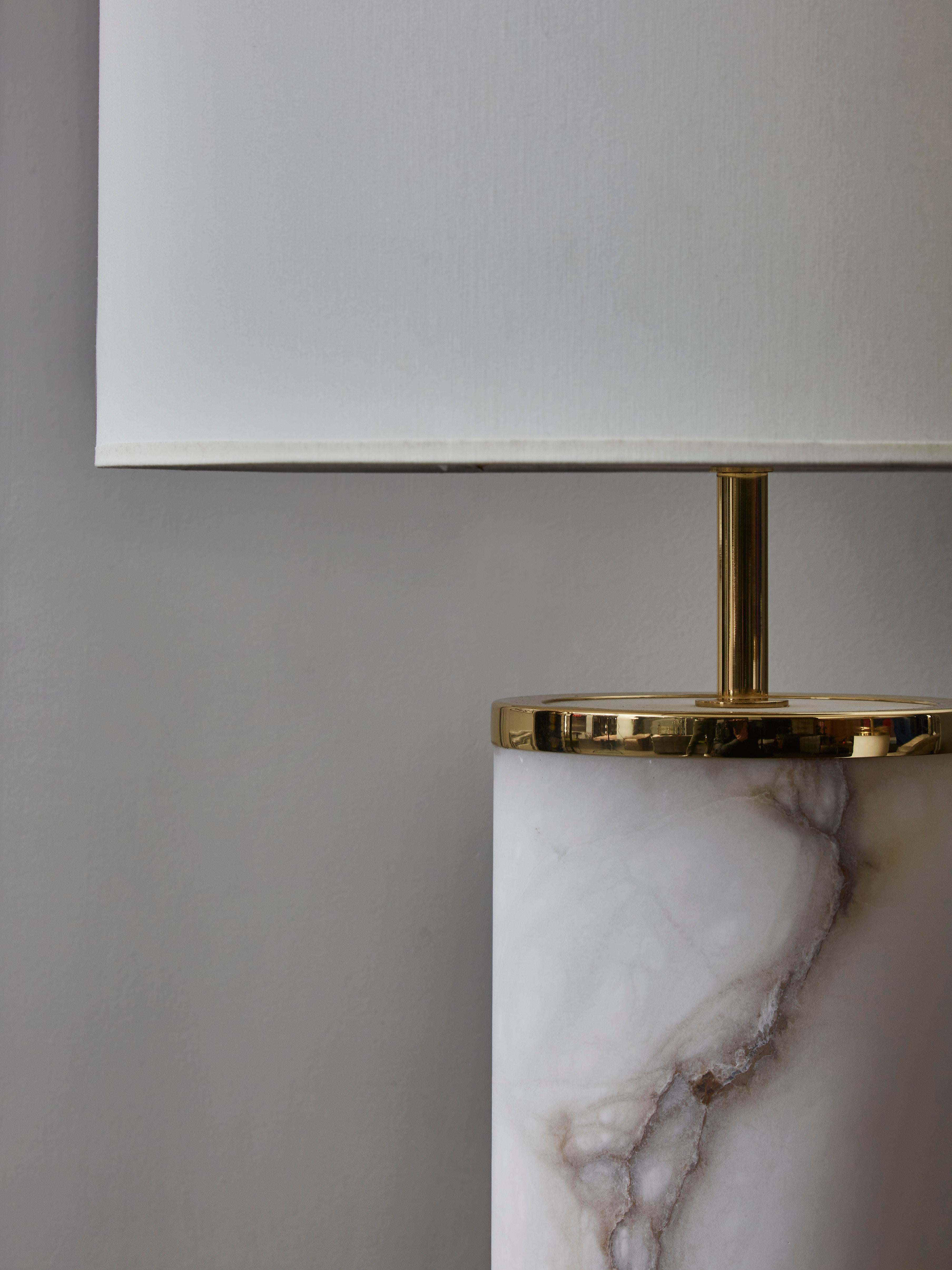 Italian Tall Enlightened Alabaster Cylinder and Brass Table Lamps by Glustin Luminaires For Sale