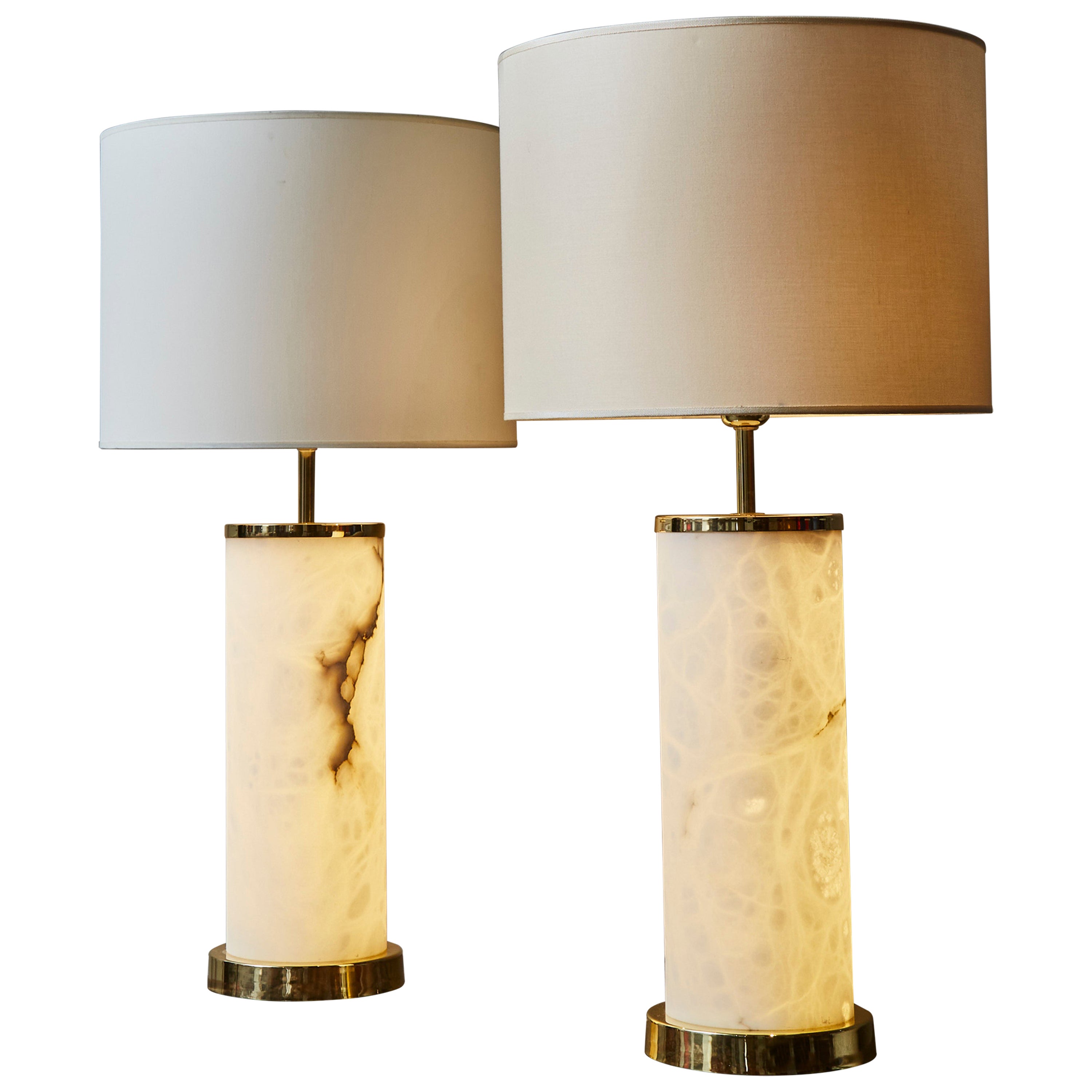Tall Enlightened Alabaster Cylinder and Brass Table Lamps by Glustin Luminaires For Sale