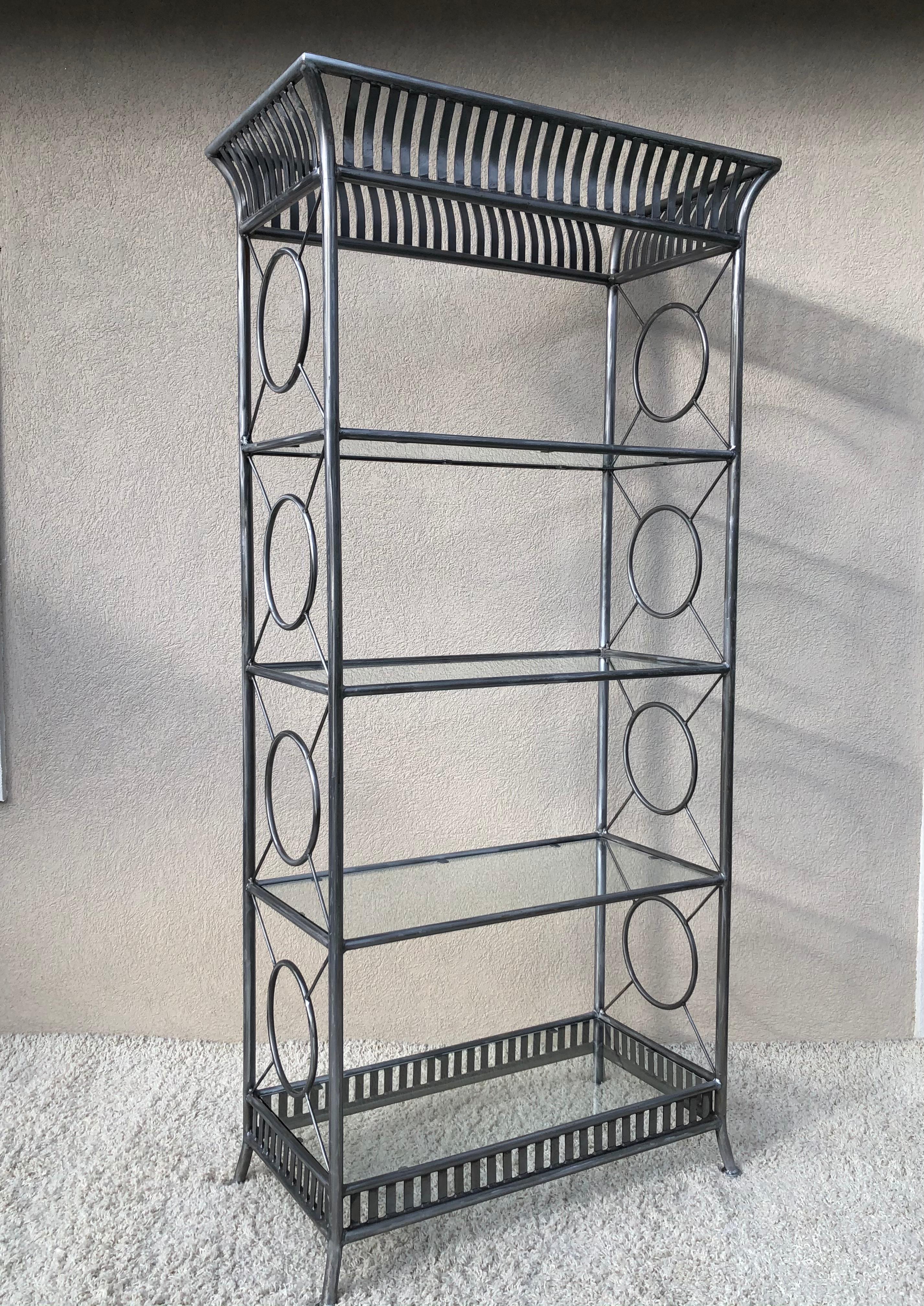 silver etagere with glass shelves
