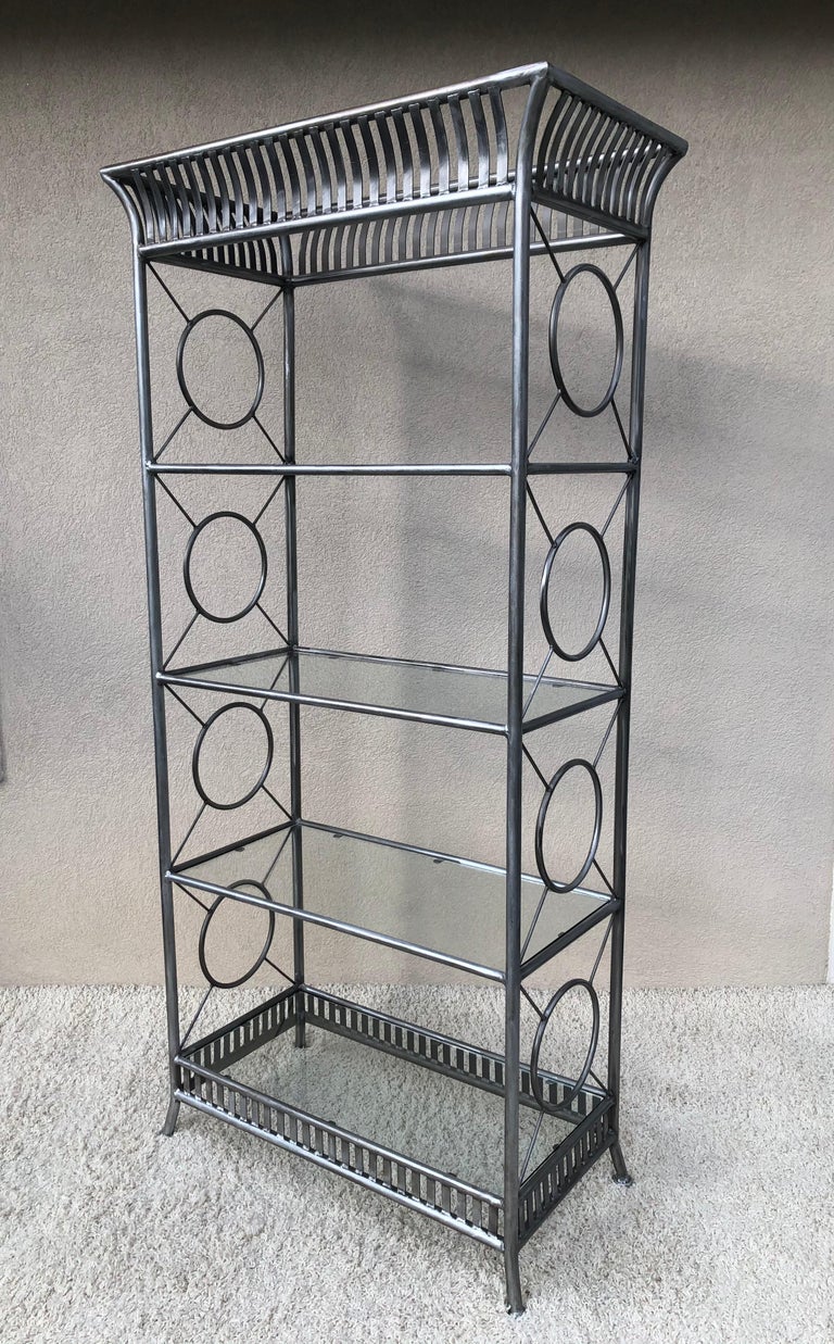 Tall Etagere Silver Steel Glass Hollywood Regency Maison Jansen Style In Good Condition For Sale In Westport, CT