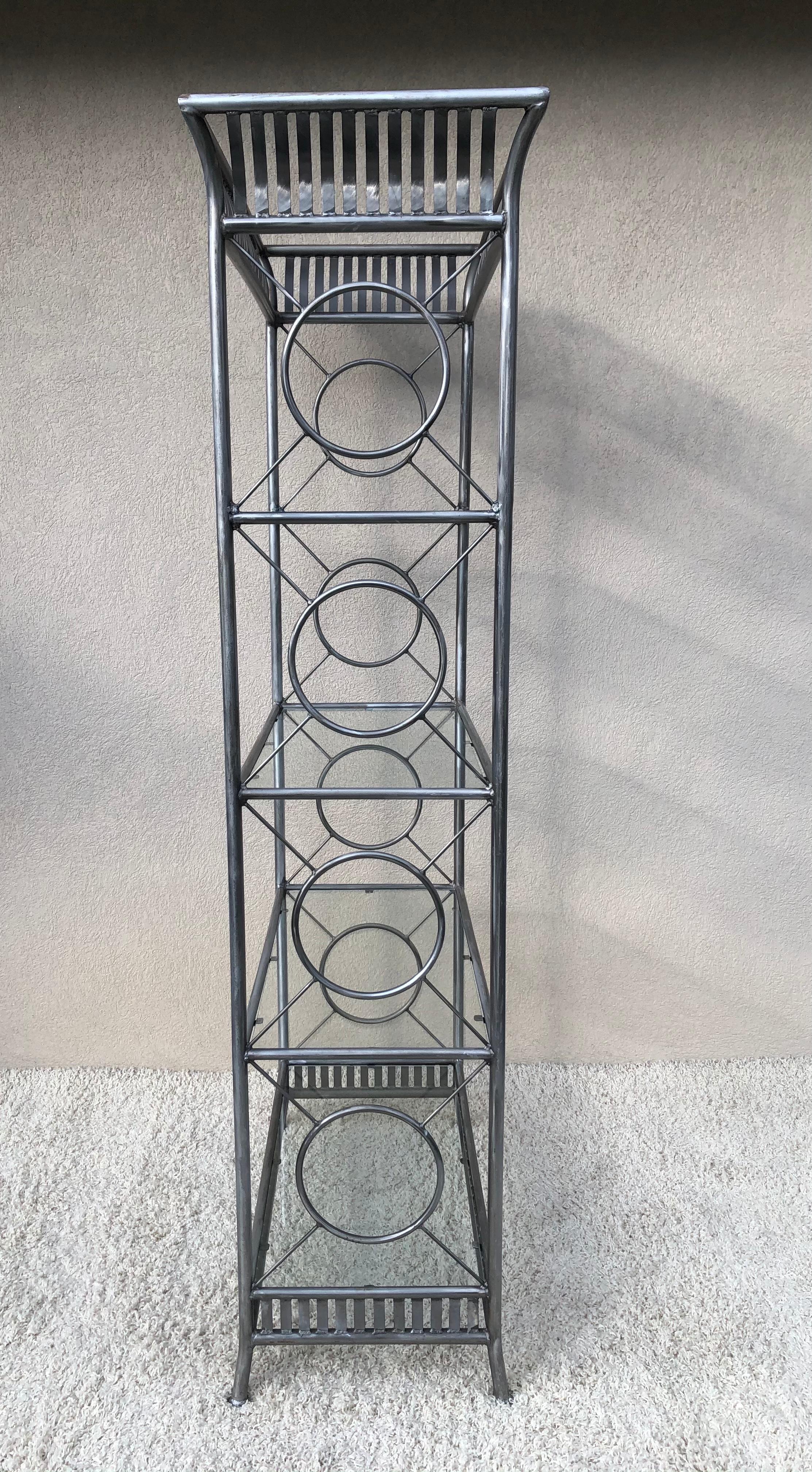 American Tall Etagere Silver Steel Glass Hollywood Regency Maison Jansen Style For Sale