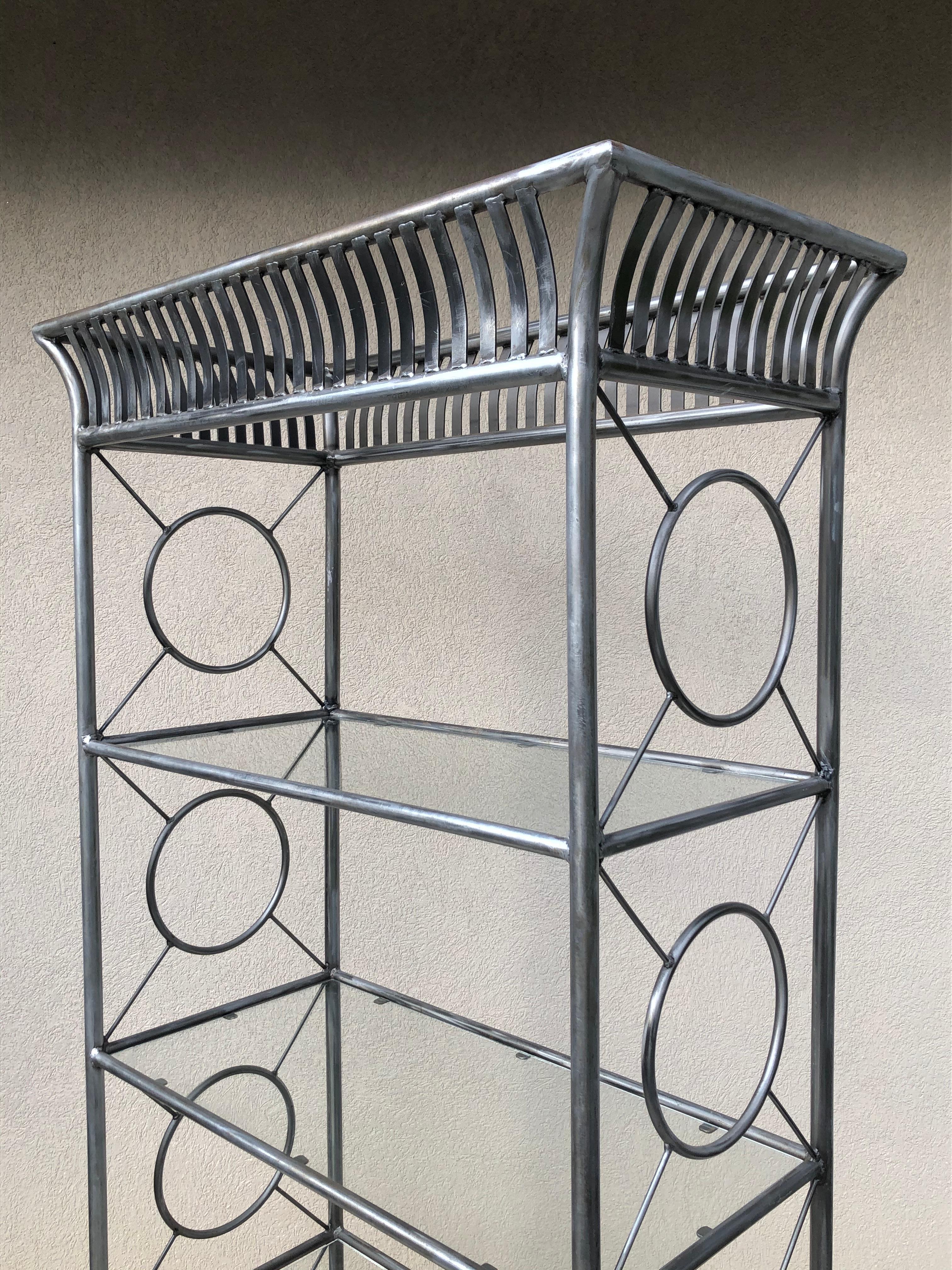 Anodized Tall Etagere Silver Steel Glass Hollywood Regency Maison Jansen Style For Sale