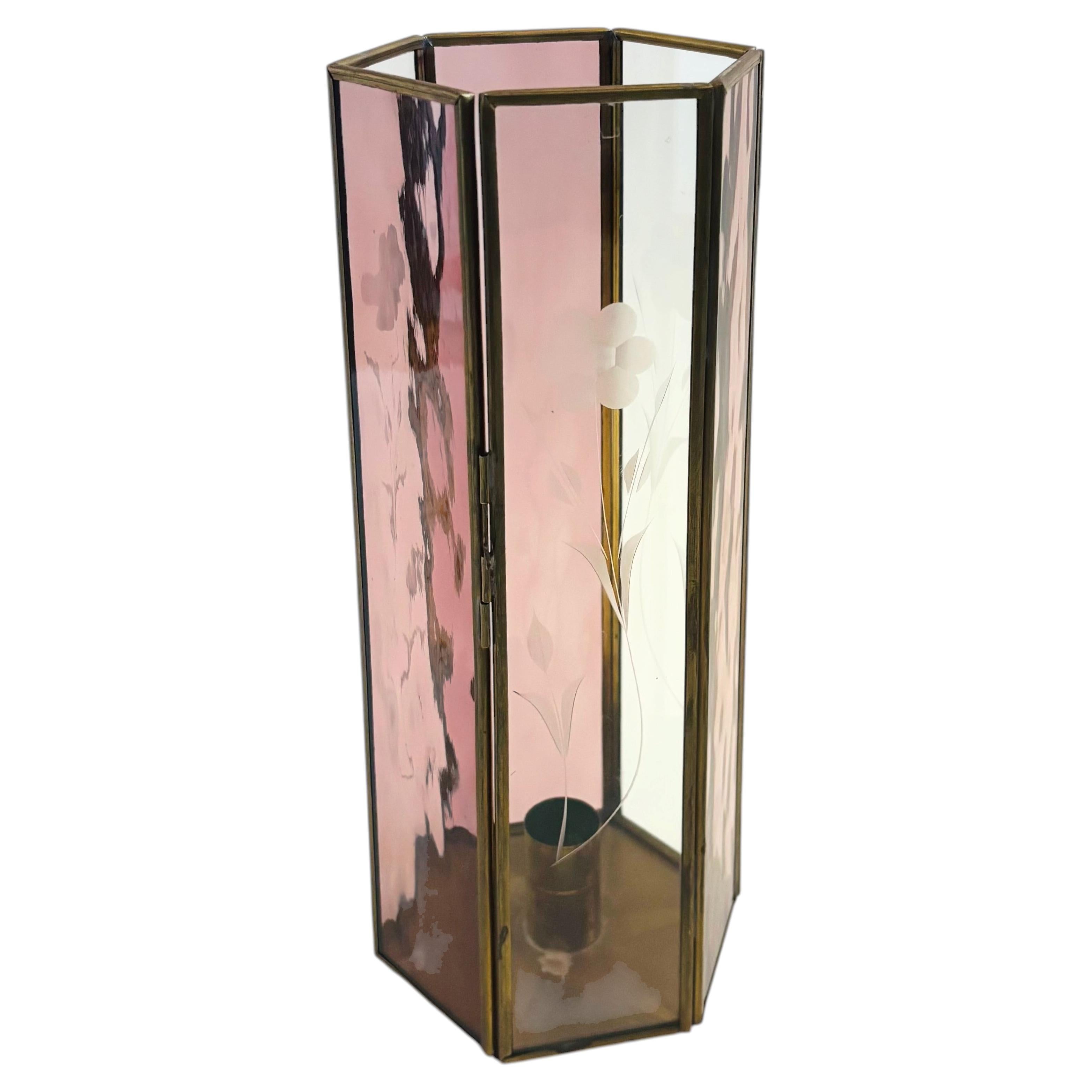 Tall Etched Glass and Brass Candle Holder For Sale