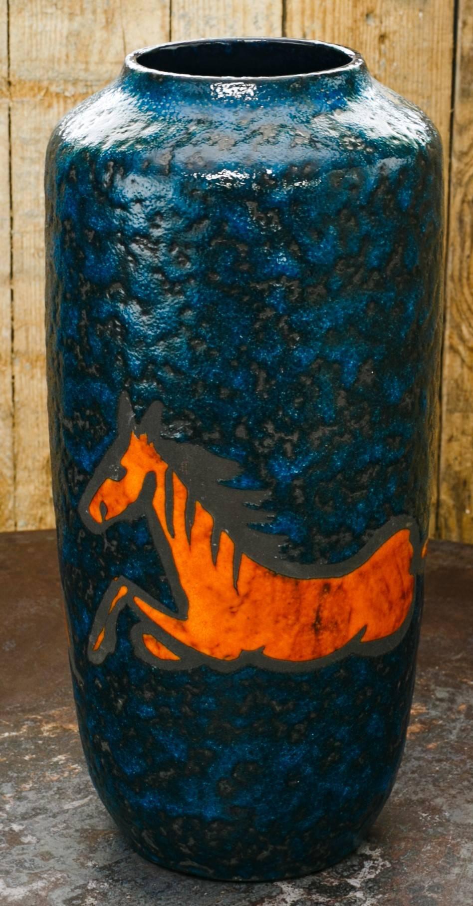 Belgian Tall European Handcrafted Blue and Orange Vase with Horses