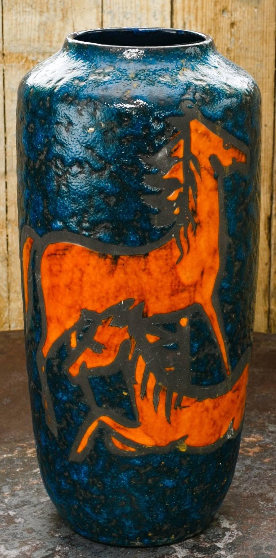 Hand-Crafted Tall European Handcrafted Blue and Orange Vase with Horses