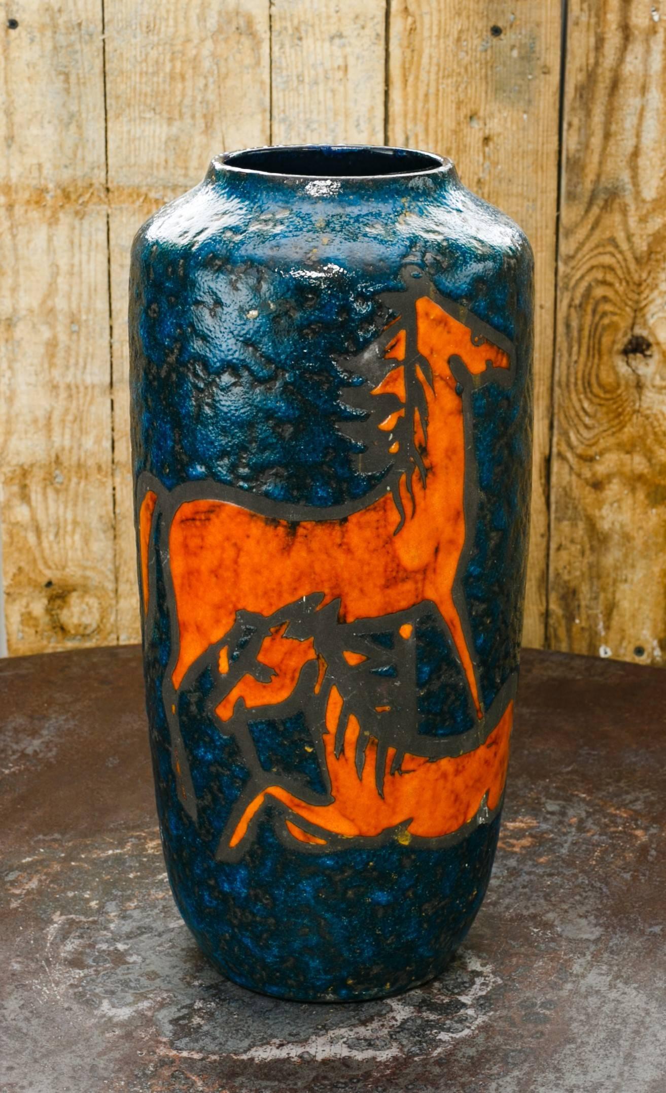 Tall European Handcrafted Blue and Orange Vase with Horses In Excellent Condition In Houston, TX