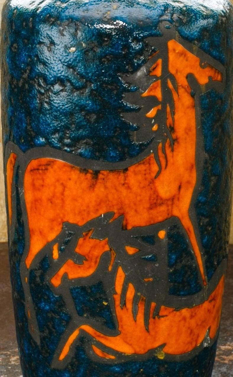 Late 20th Century Tall European Handcrafted Blue and Orange Vase with Horses