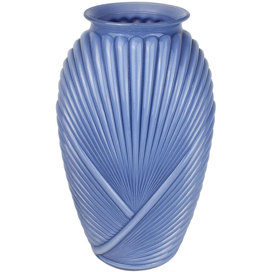 Tall Faceted Geometric Blue Art Deco Draped Glass Vase, 1980s