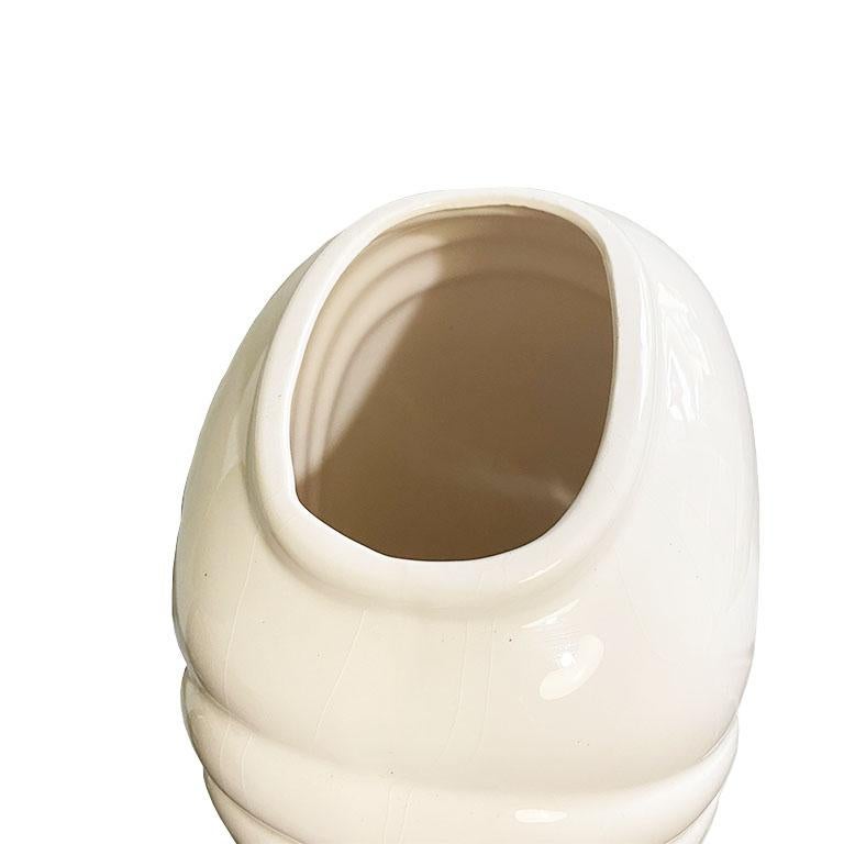 American Tall Faceted Geometric White Art Deco Draped Ceramic Vase, 1980s