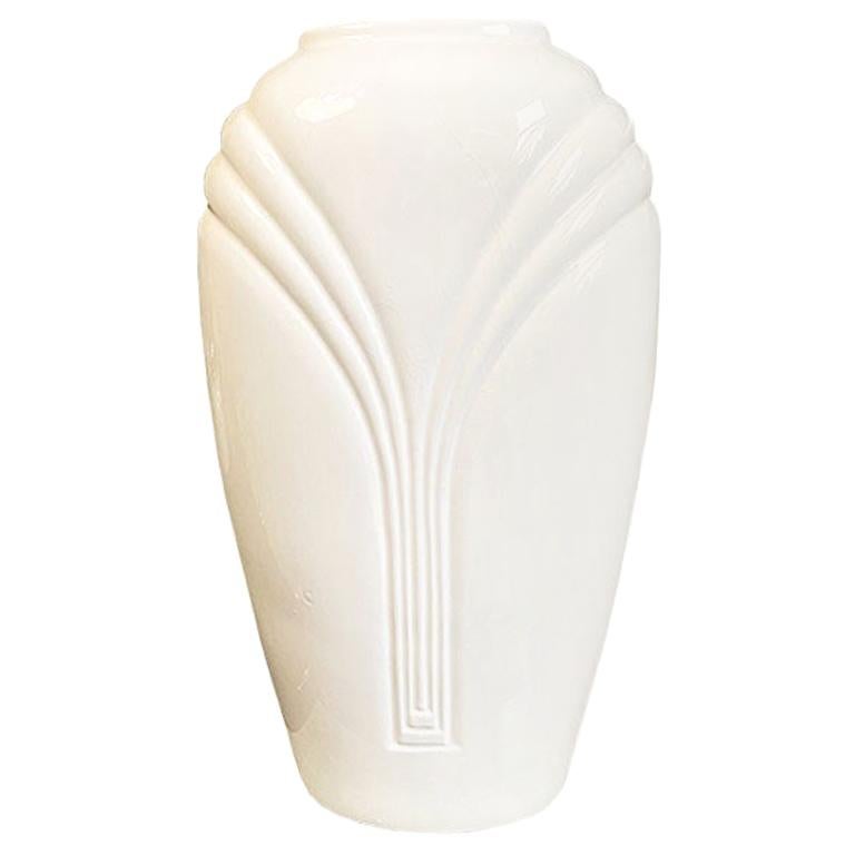 Tall Faceted Geometric White Art Deco Draped Ceramic Vase, 1980s