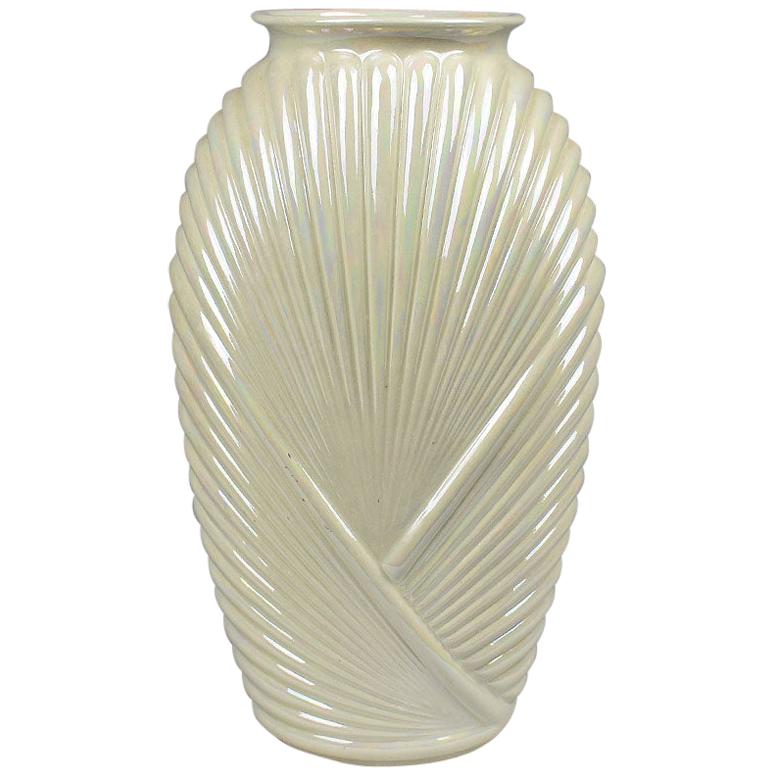 Tall Faceted Geometric White Pearlized Art Deco Draped Glass Vase, 1990s