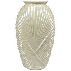 Vintage Tall Faceted Geometric White Pearlized Art Deco Draped Glass Vase, 1990s