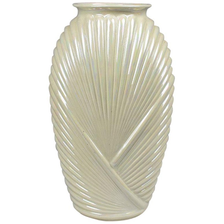 Tall Faceted Geometric White Pearlized Art Deco Draped Glass Vase, 1990s  For Sale at 1stDibs