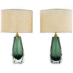 Tall Faceted Table Lamps pairs, Green color Murano Glass , Maestro Collection