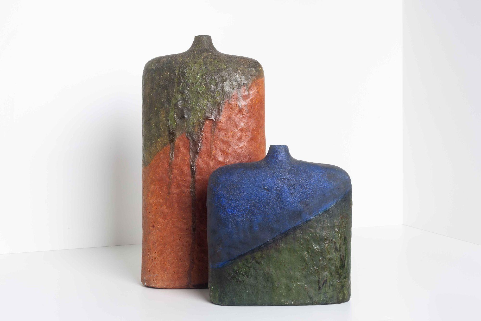 Vaso Monumentale Fantoni smaltato in arancione e verde in vendita 1