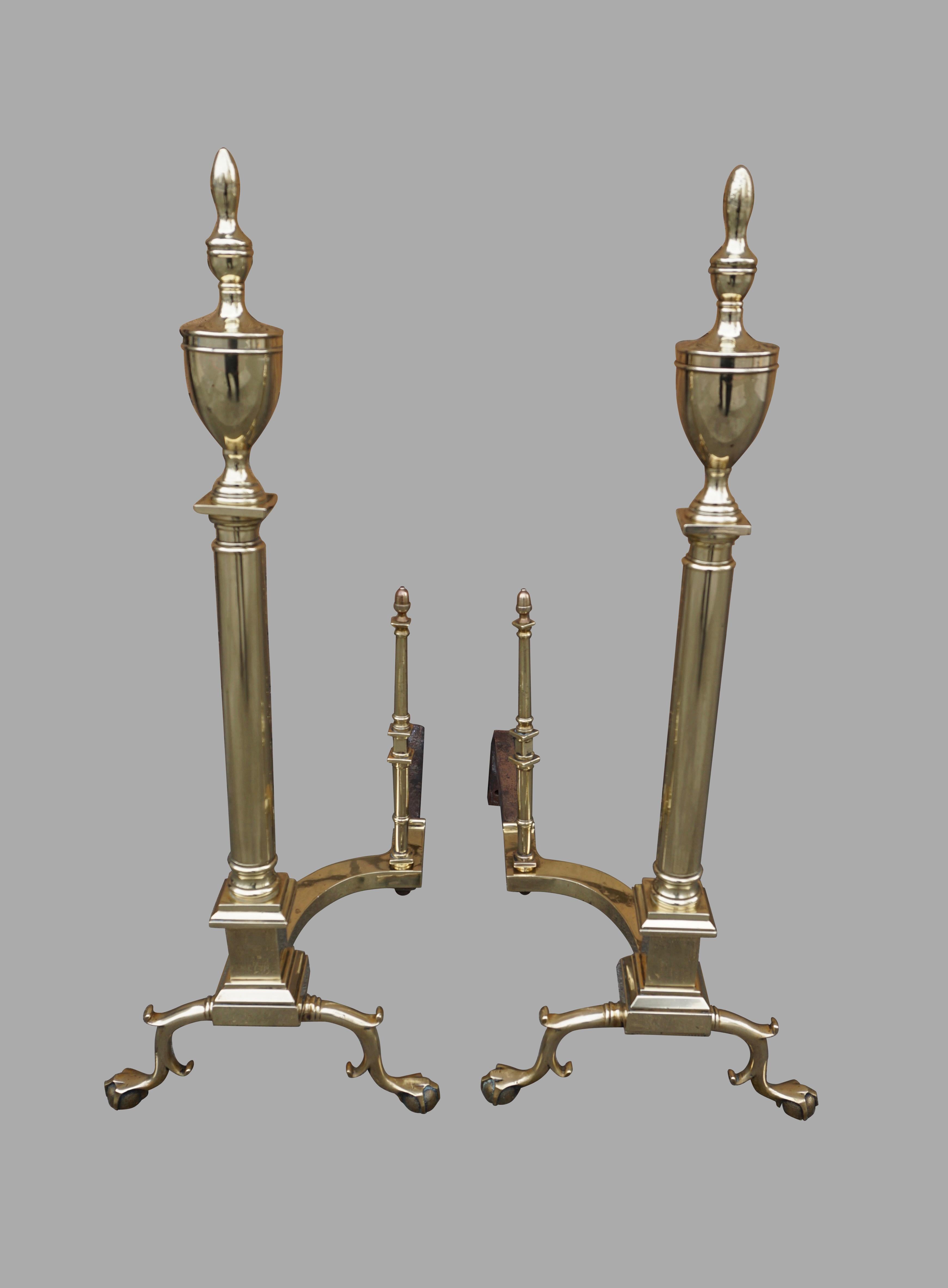 American Impressive Large Scale Federal Style Brass Andirons with Ball and Claw Feet