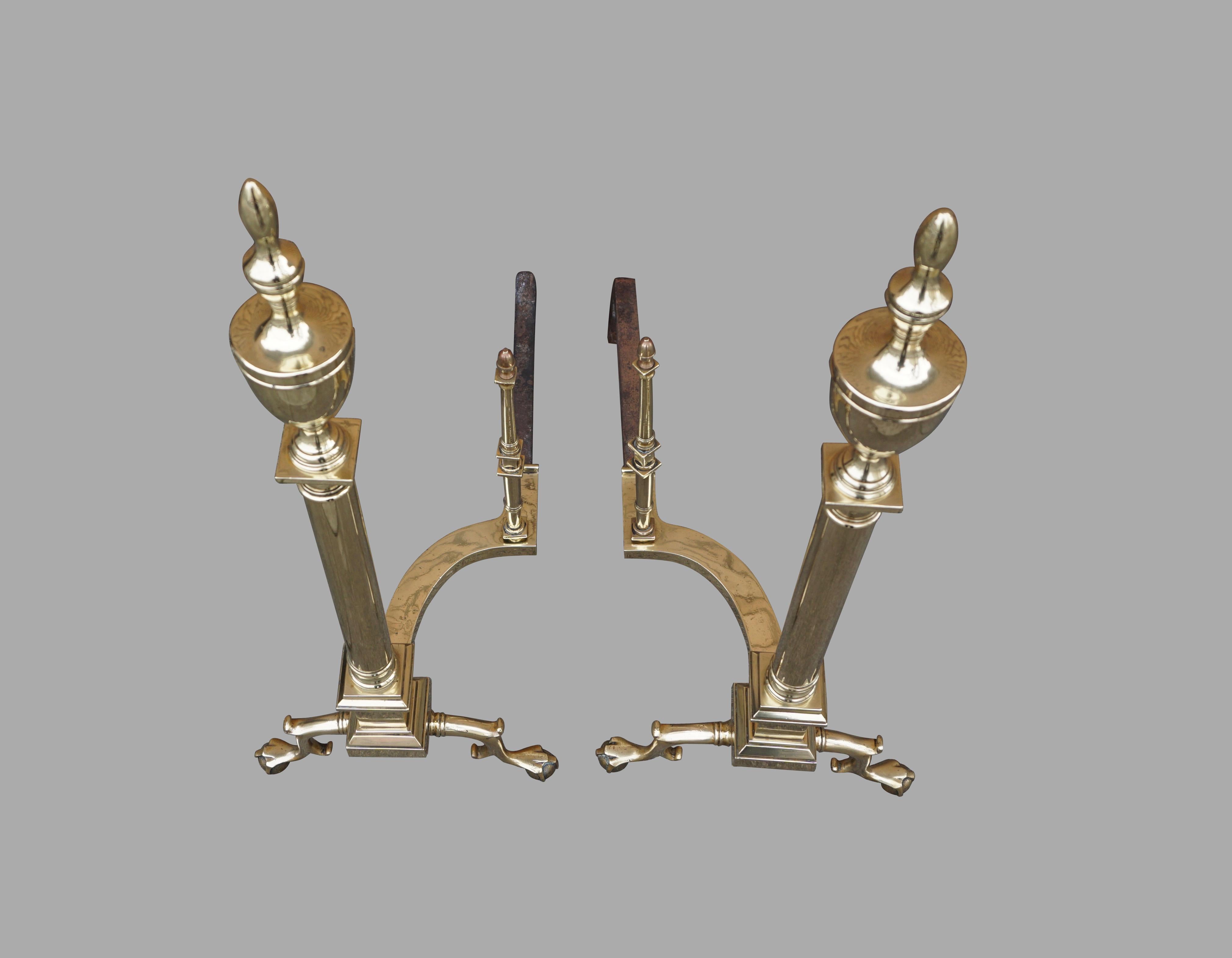 Impressive Large Scale Federal Style Brass Andirons with Ball and Claw Feet In Good Condition In San Francisco, CA