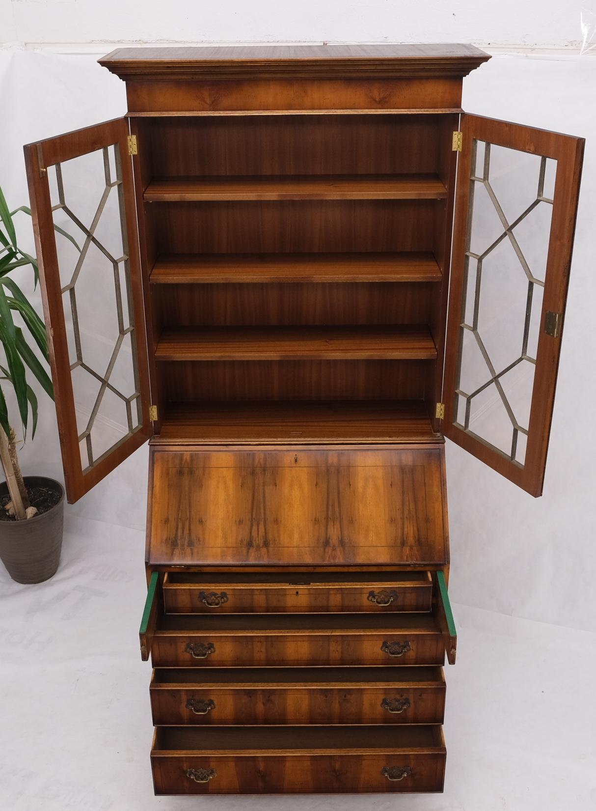 20th Century Tall Federal Style Drop Front Secretary Individual Pains Glass Door Bookcase