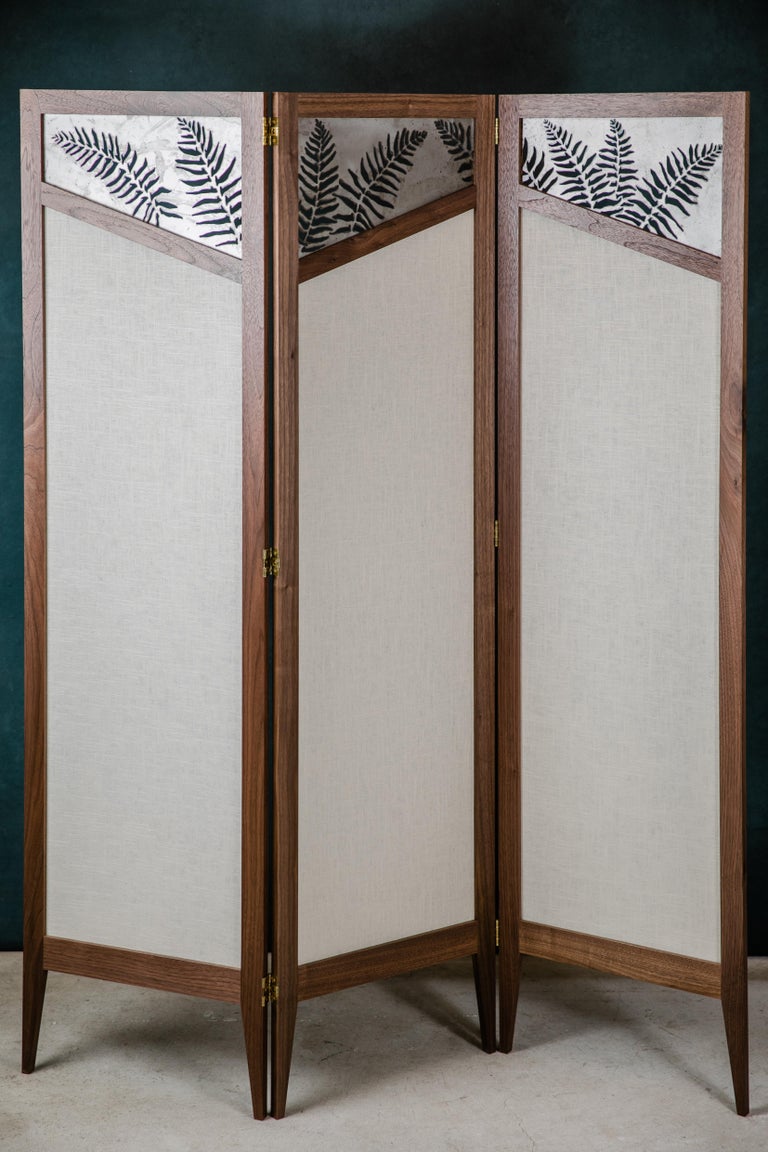 American Tall Fern Folding Screen/Room Divider in Walnut with Metal and Fabric Screens For Sale