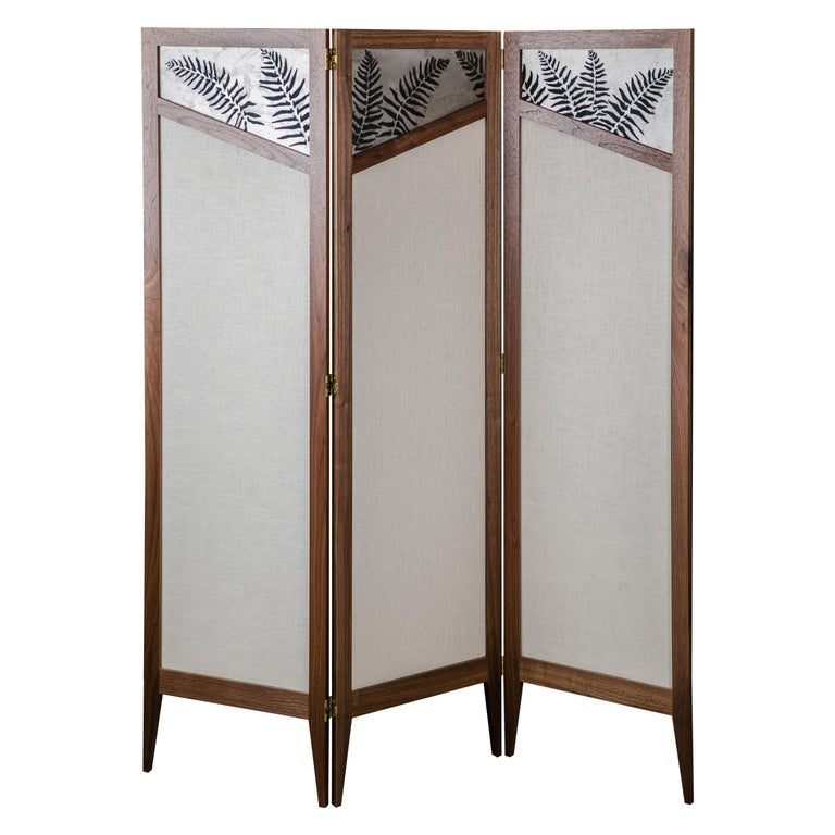 Tall Fern Folding Screen/Room Divider in Walnut with Metal and Fabric Screens For Sale