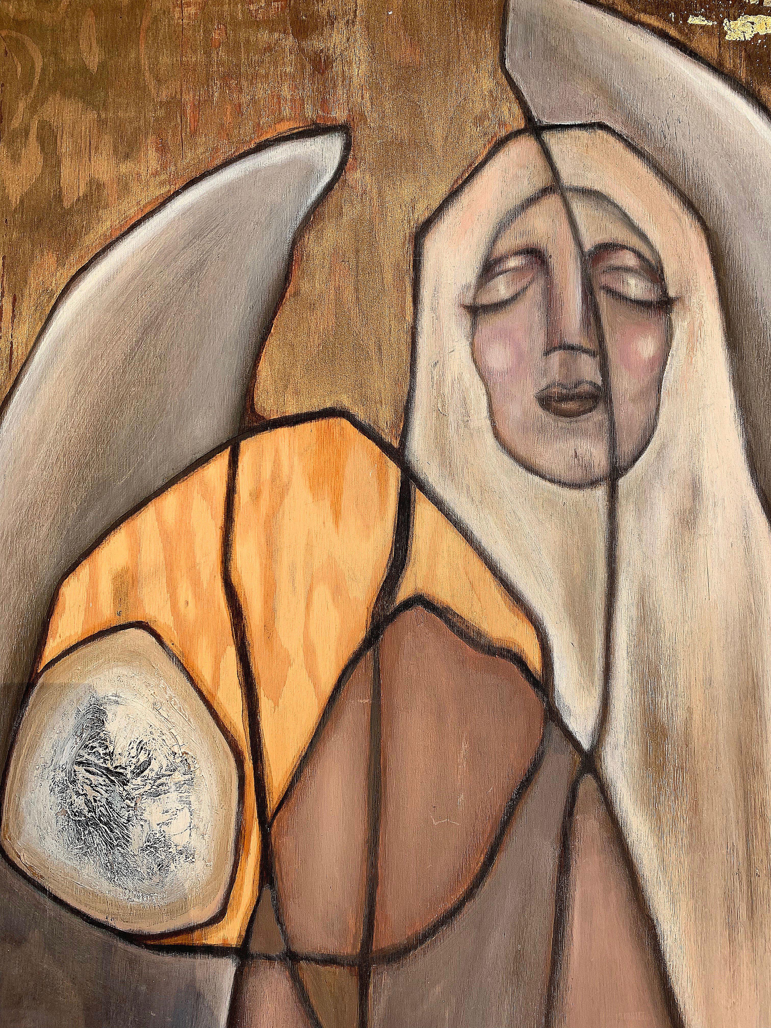 This is a tall figurative painting of a woman, acrylic and mixed-media on plywood. We were taken by how the serenity on her face tells viewers so much of what is happening at that moment in time. The colors are grey, taupe, off white, tan, purple,