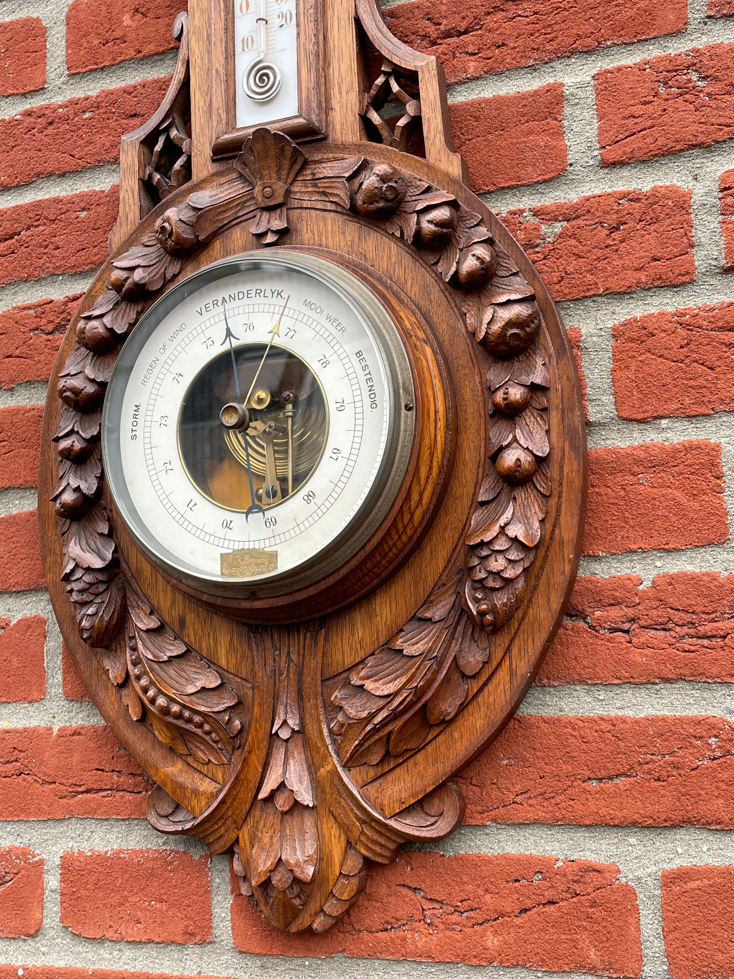 Tall Finely Hand Carved Oak & Porcelain Antique Wall Barometer Made in Amsterdam For Sale 3