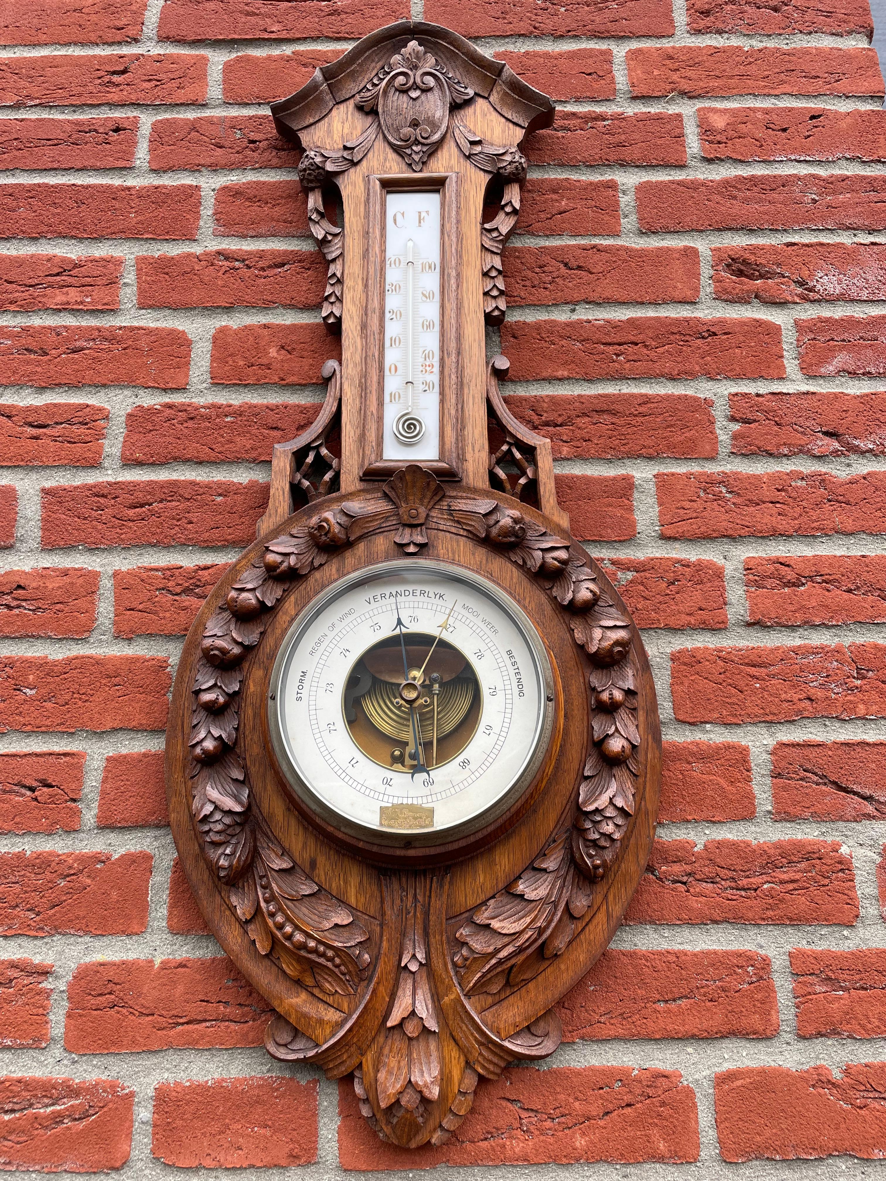 Tall Finely Hand Carved Oak & Porcelain Antique Wall Barometer Made in Amsterdam For Sale 4