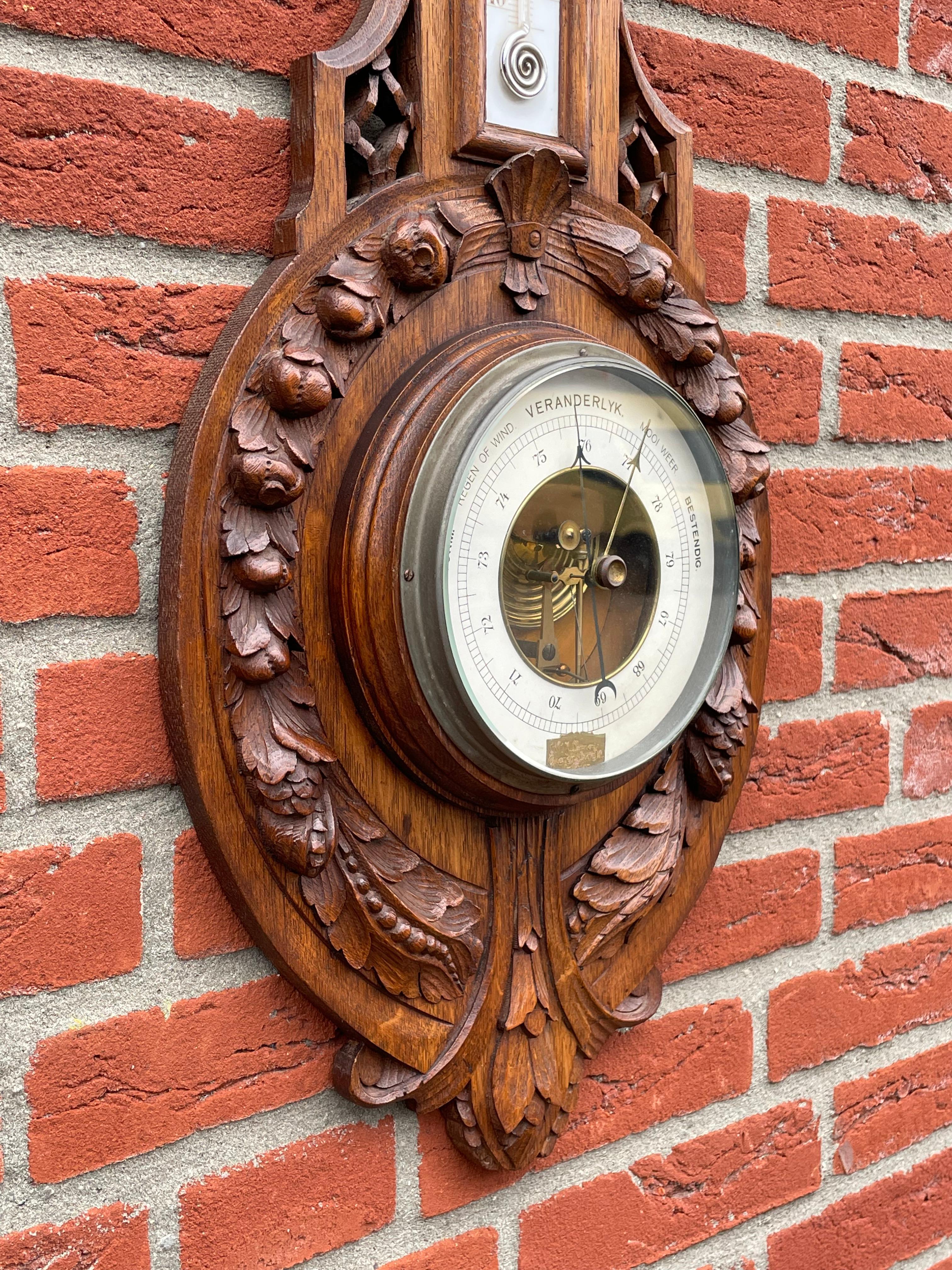 Tall Finely Hand Carved Oak & Porcelain Antique Wall Barometer Made in Amsterdam For Sale 7
