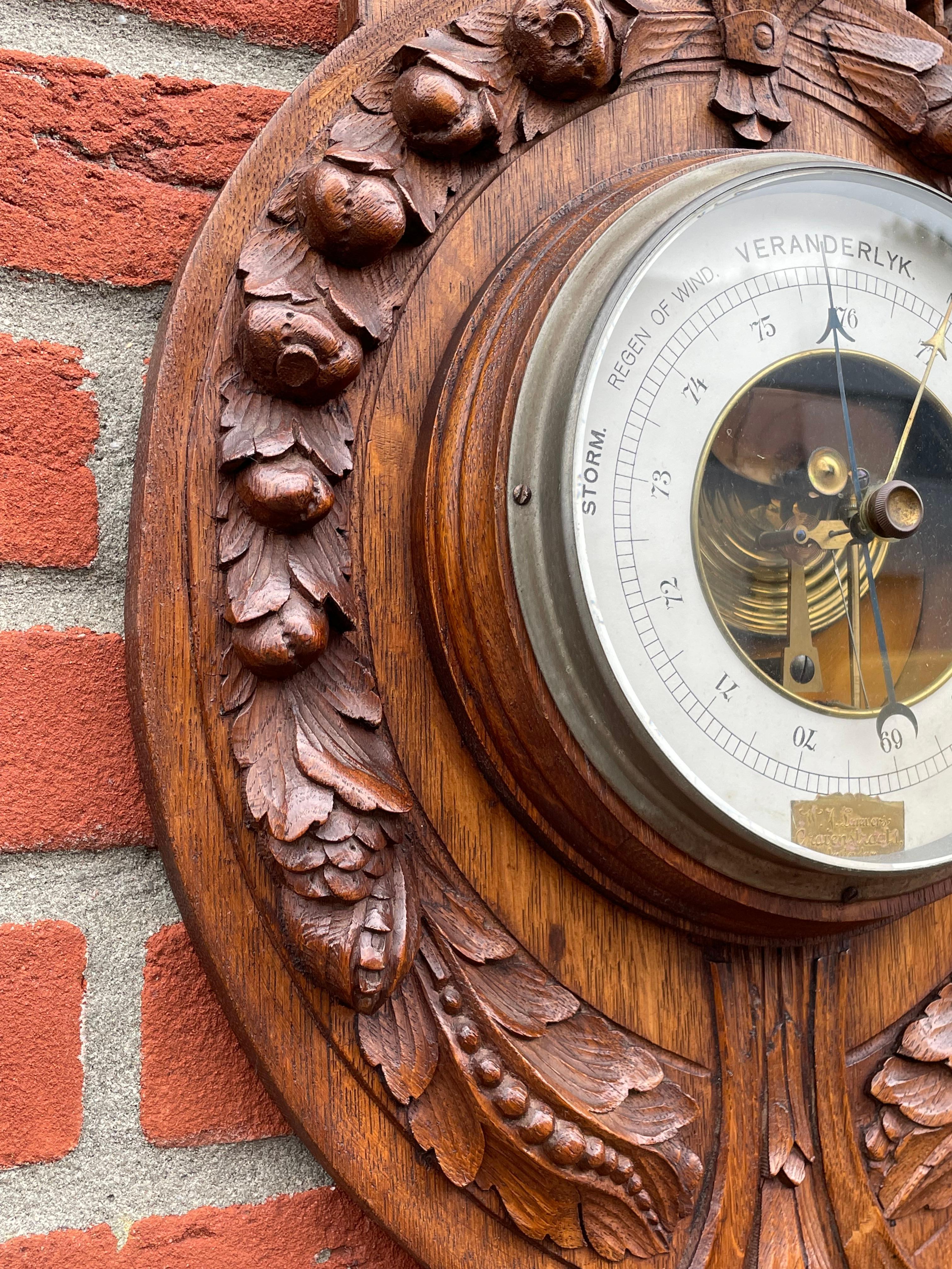 Tall Finely Hand Carved Oak & Porcelain Antique Wall Barometer Made in Amsterdam For Sale 8